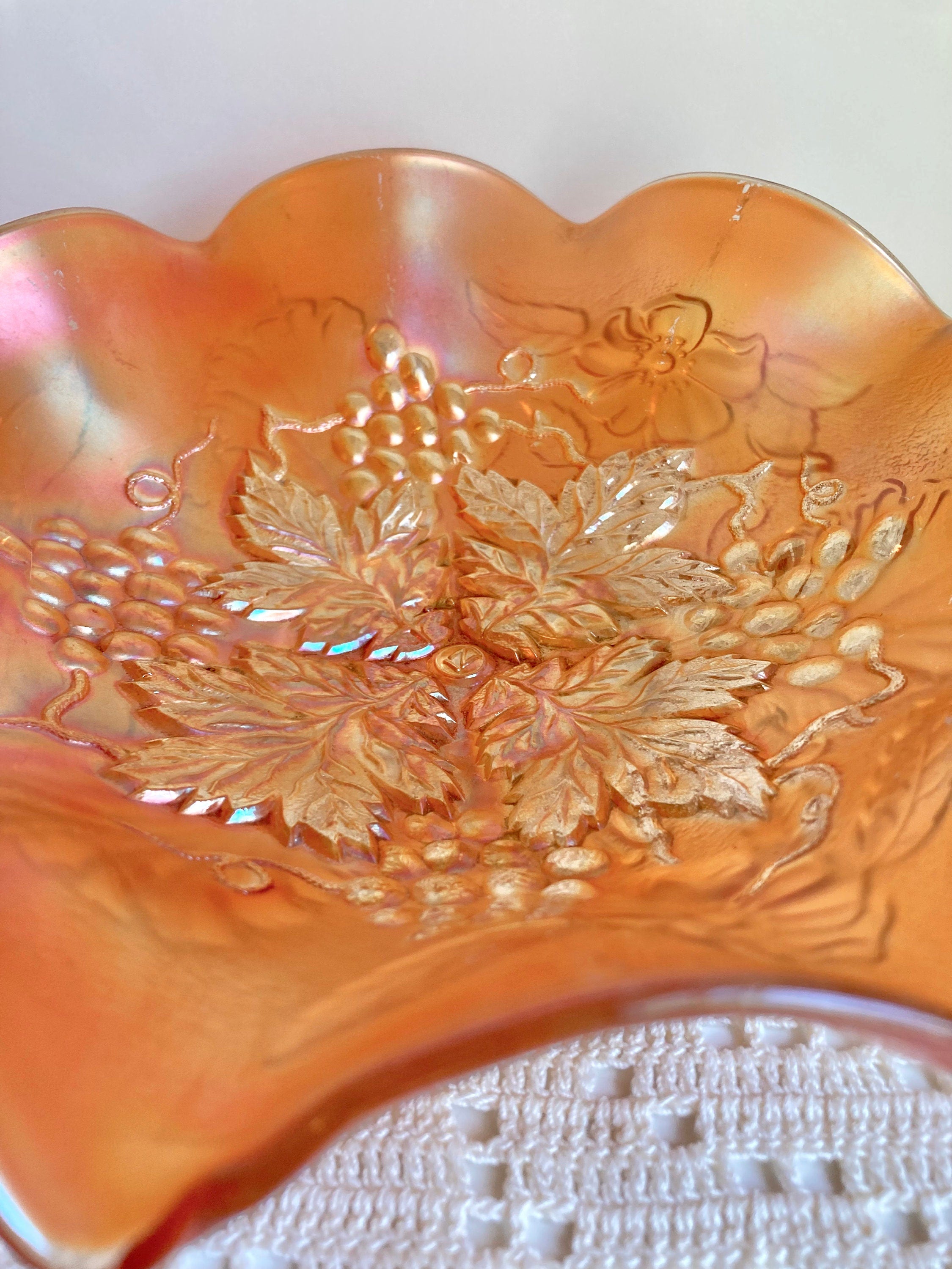 Antique Northwood Marigold Carnival Glass Ruffled Bowl: Grape Cable & Blossom Palm, c. 1910
