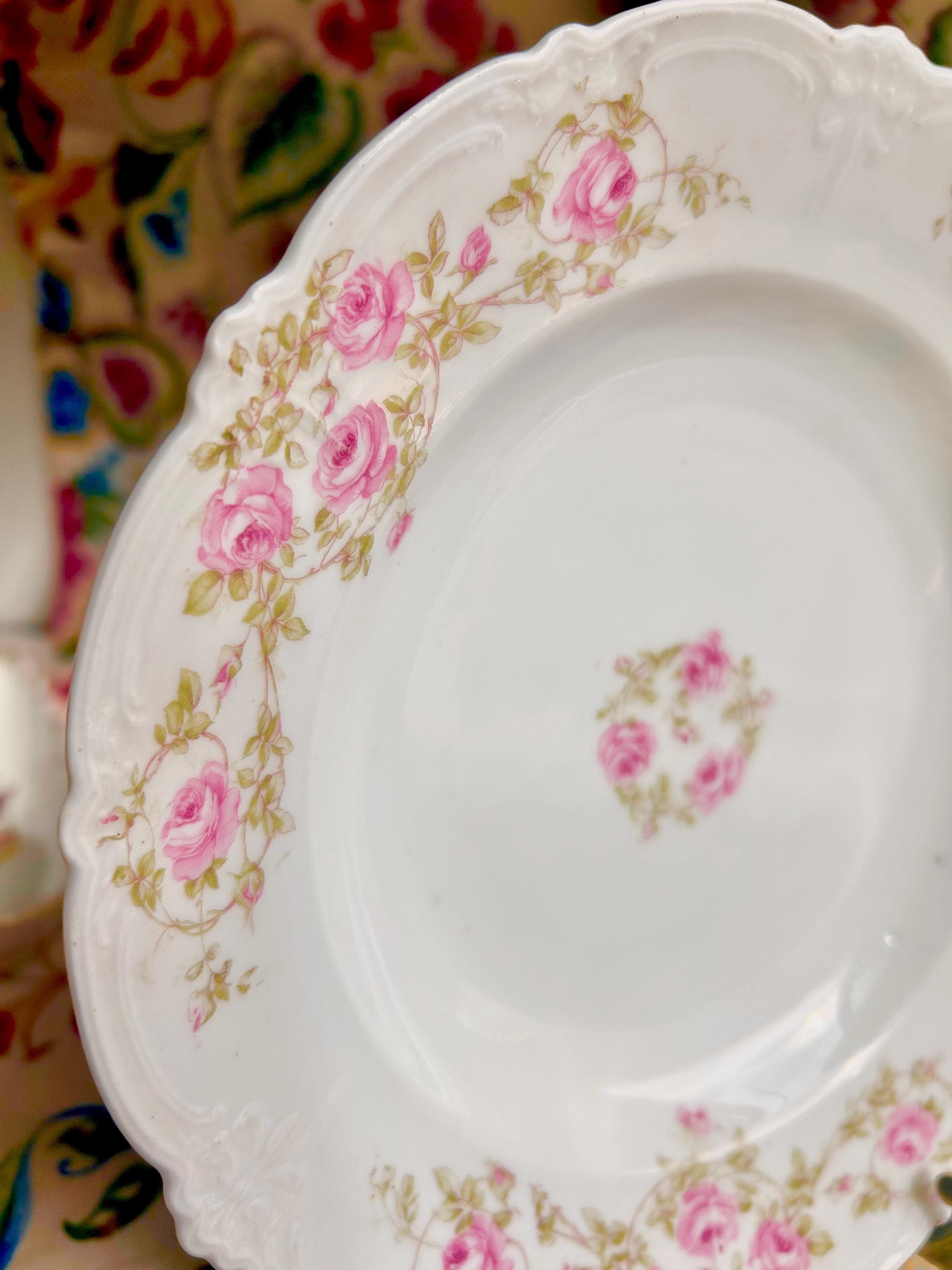 Vintage Bavarian Porcelain Bowl: Pink Roses Garland, Tirschenreuth Germany