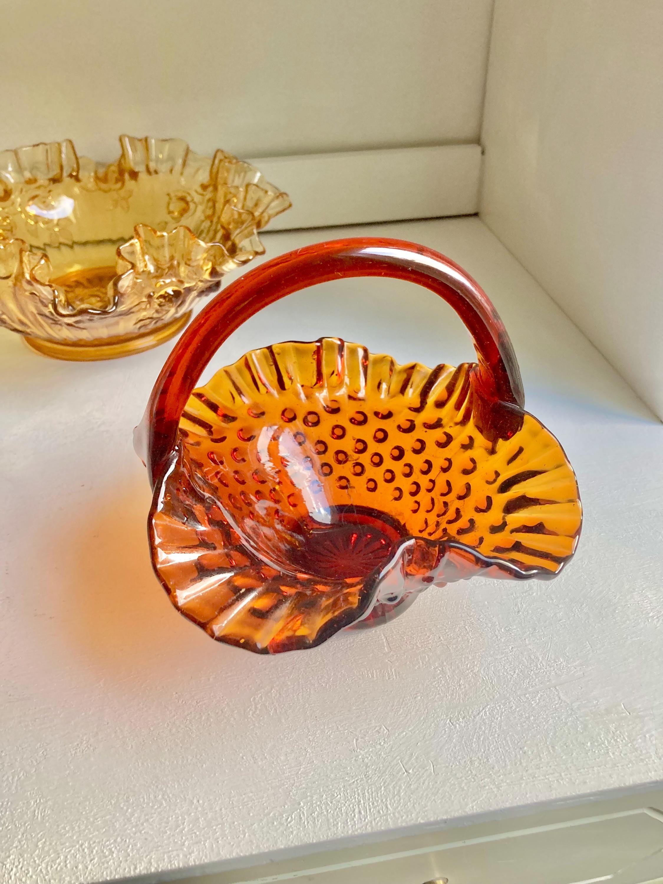 Vintage Amber Art Glass Bowl: Fenton, IVIMA Ruffled Rim Compote