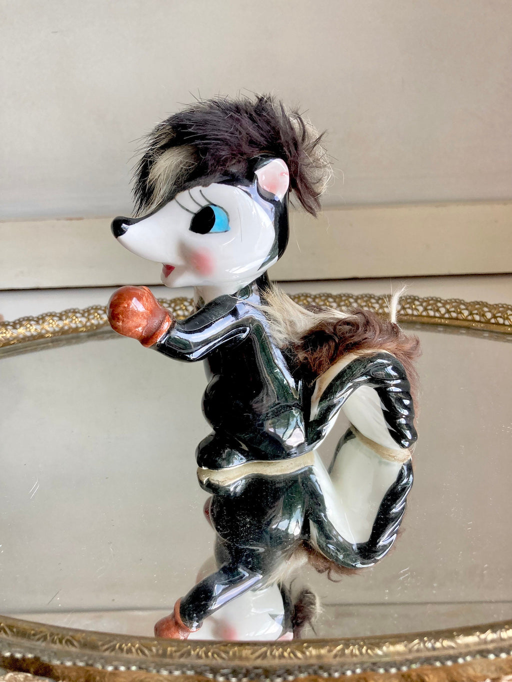 Midcentury Anthropomorphic Ceramic Dog, Cat, Skunk - Hand painted, applied Fur - Japan - Choose from 3
