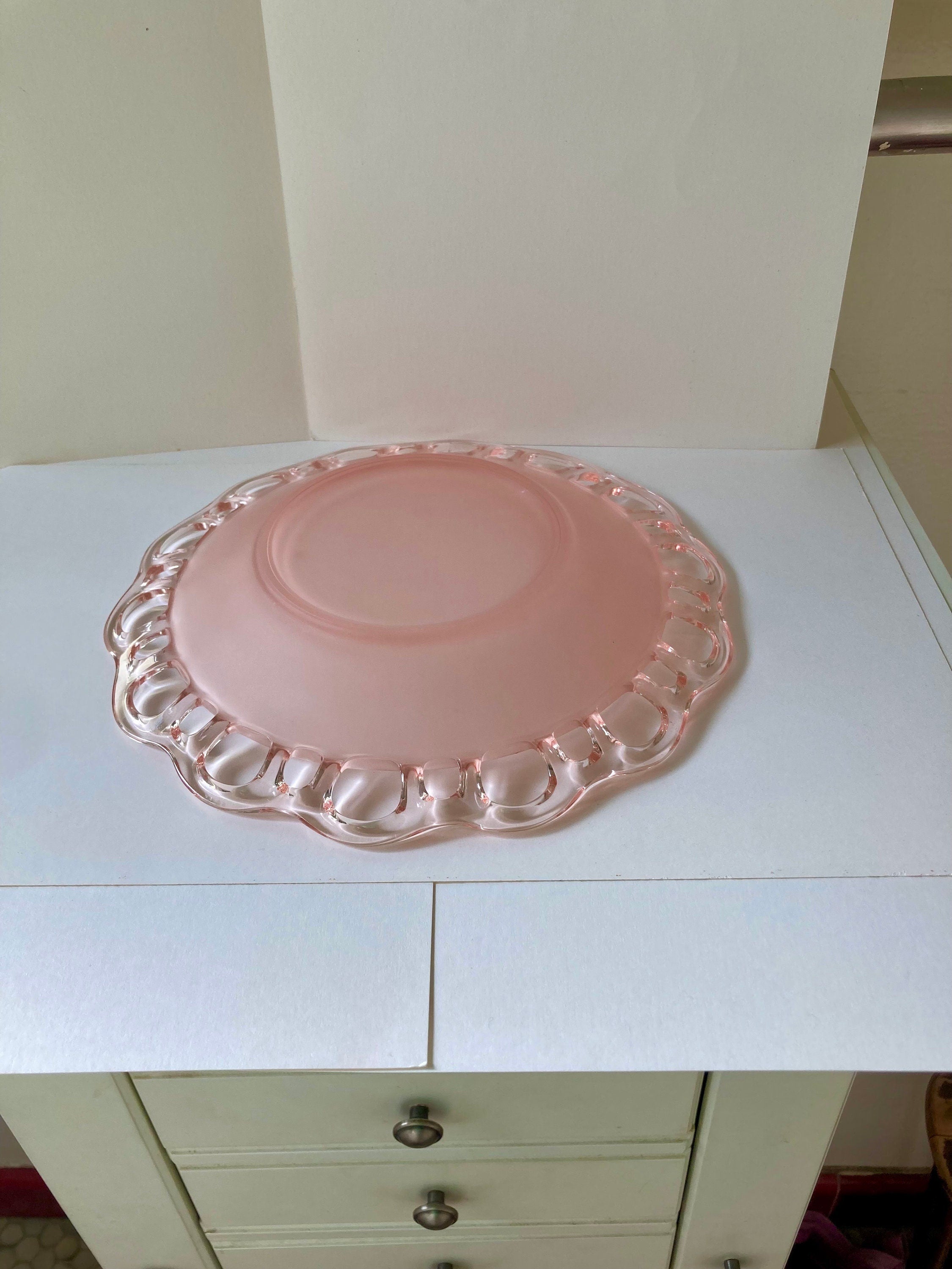Frosted Pink Anchor Hocking Depression Glass - open lace edge -8.5" diameter