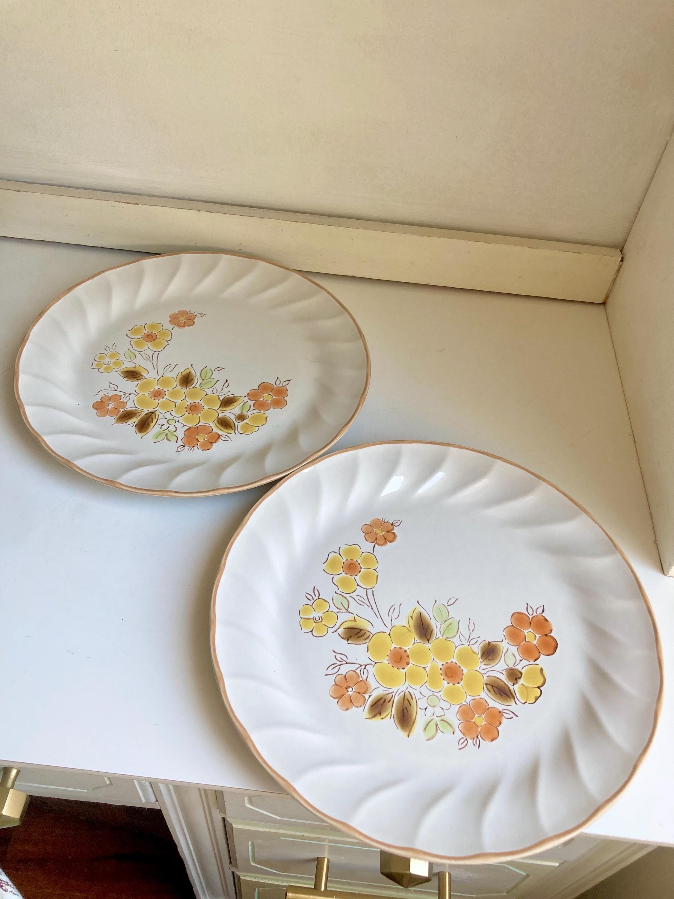Vintage Gaiety Sculptura Stoneware Dinner Plates Pair - Orange Yellow Floral - Japan