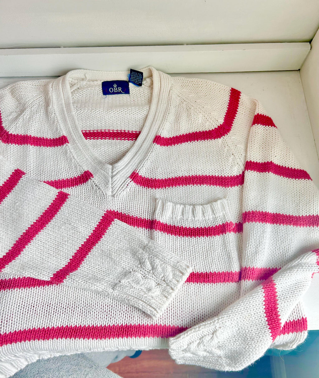 Vintage 80s Striped Cableknit Cropped Sweater - OBR Knits Small