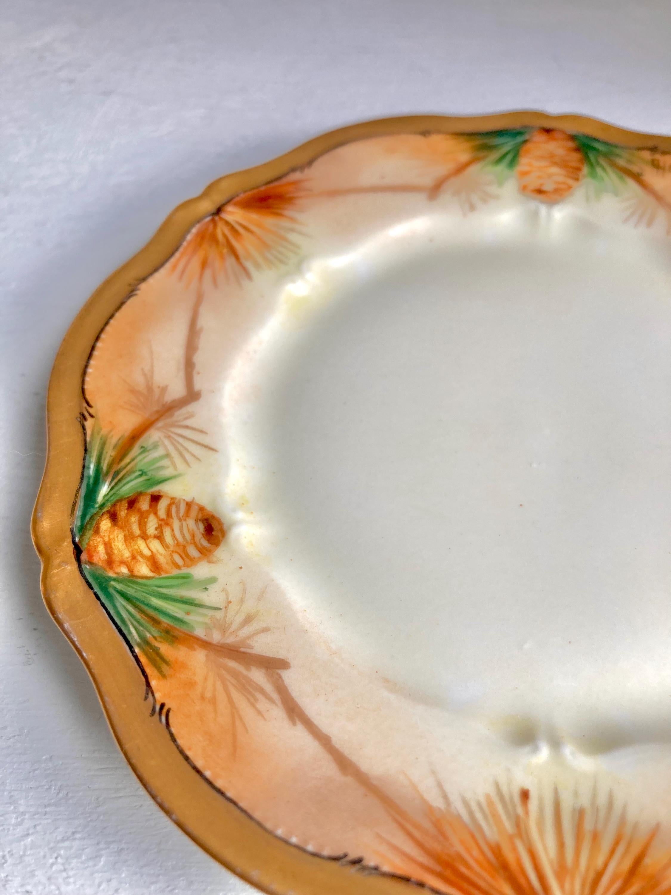 Antique Limoges Bread Plate – Hand-Painted Pine Cone Motif, Gold Rim
