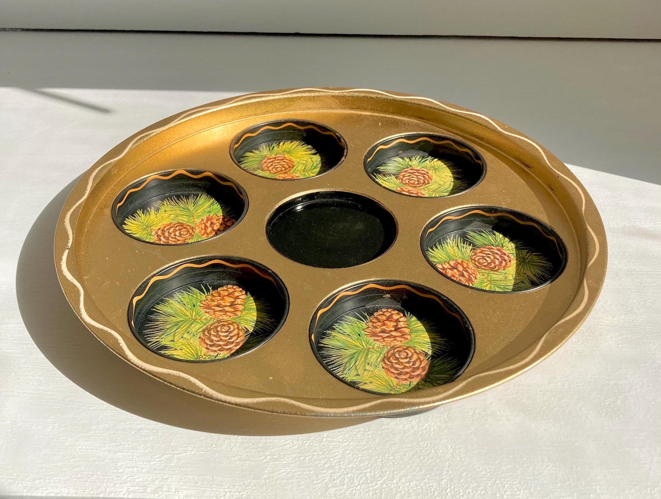 Vintage Kitsch Pinecone Drinks Tray: Painted Aluminum Cabin Decor