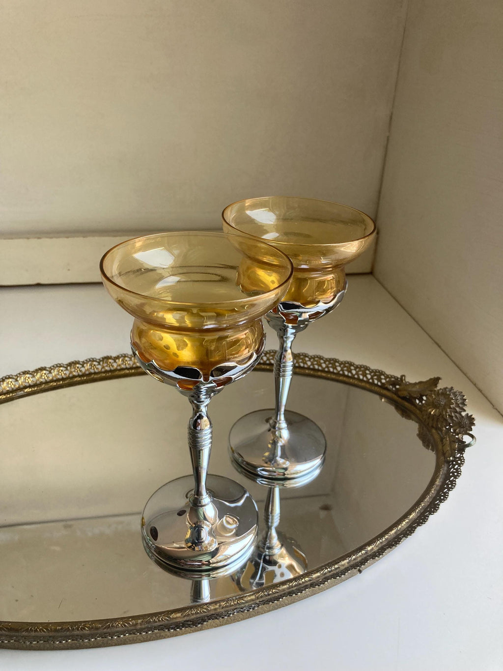 Midcentury Farber Bros Chrome Stem Glassware: Art Nouveau Cocktail Glasses