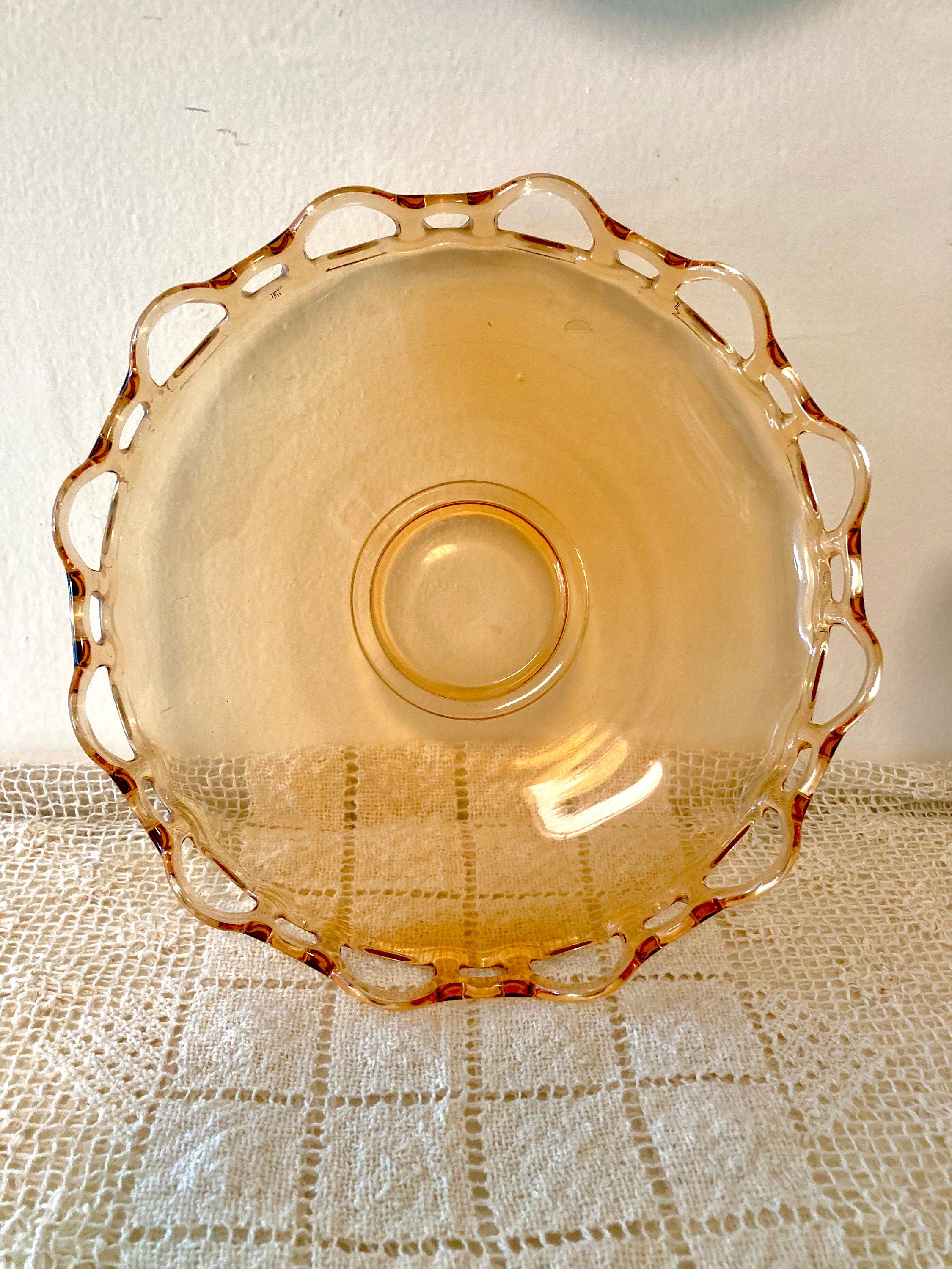 Fostoria Amber Glass 11" Console Bowl - Open Lace Edge Pattern #2320 - circa 1930