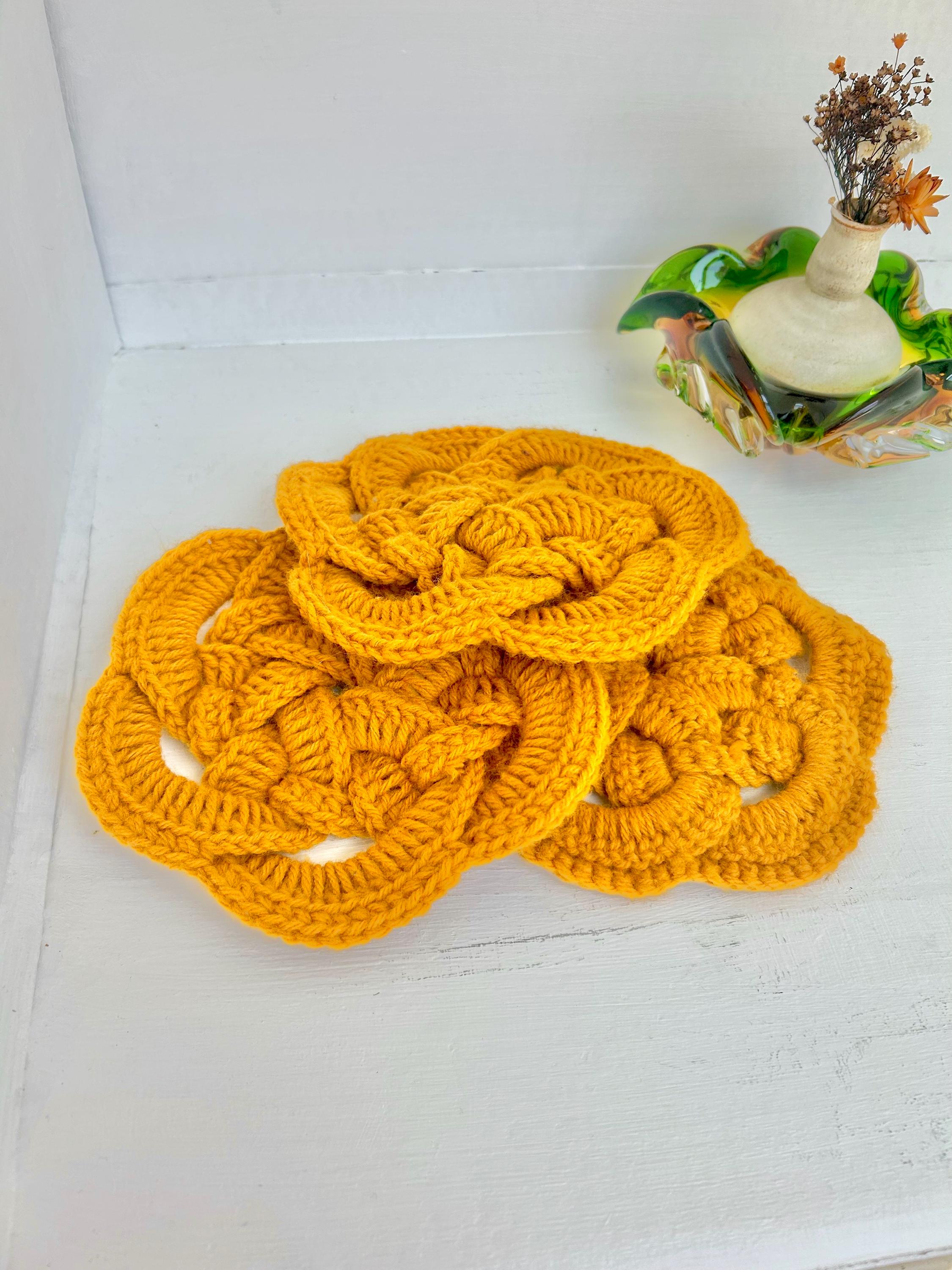 Vintage Crocheted Trivets: Mustard Yellow Braided Coasters, Set of 3