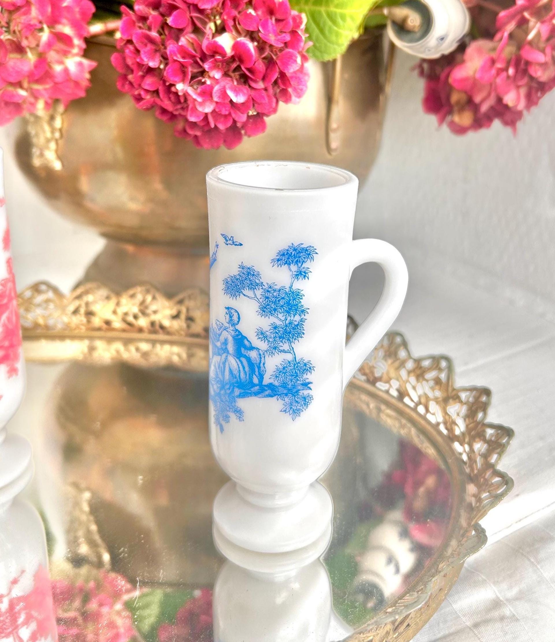Vintage AVON Milk Glass Demitasse Cups with Colonial Toile