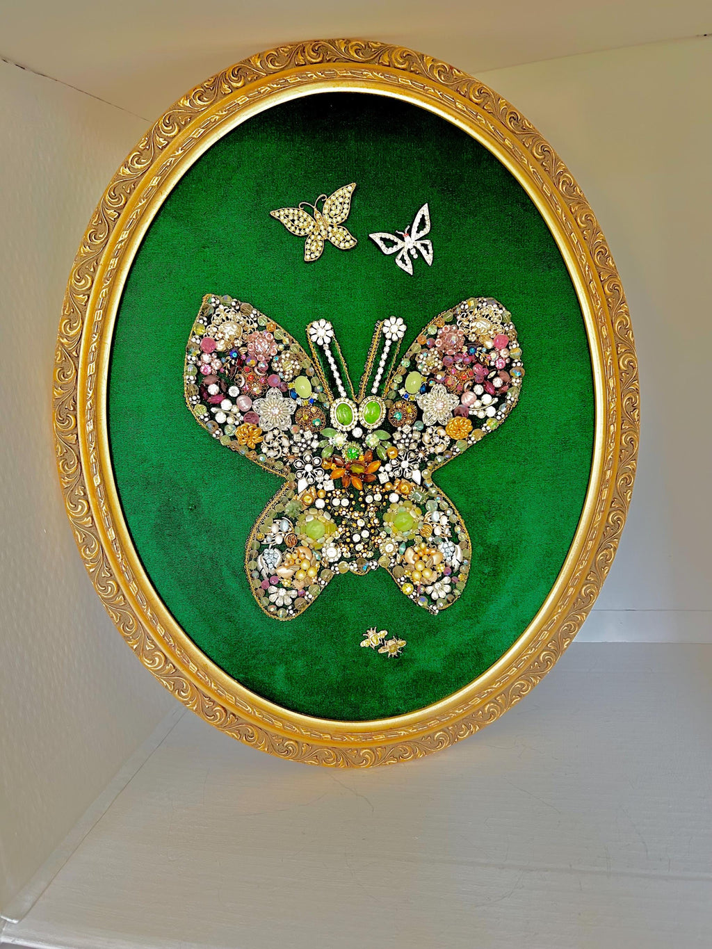 Vintage Kitsch Butterfly Art: Velvet, Baubles & Rhinestones in Ornate Gold Frame
