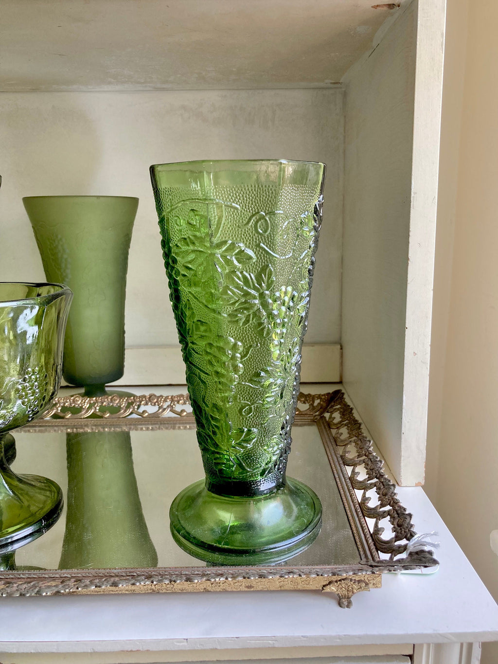 Vintage Green Glass Harvest Grape Pattern Pedestal Vases and Compote: Choose from 4