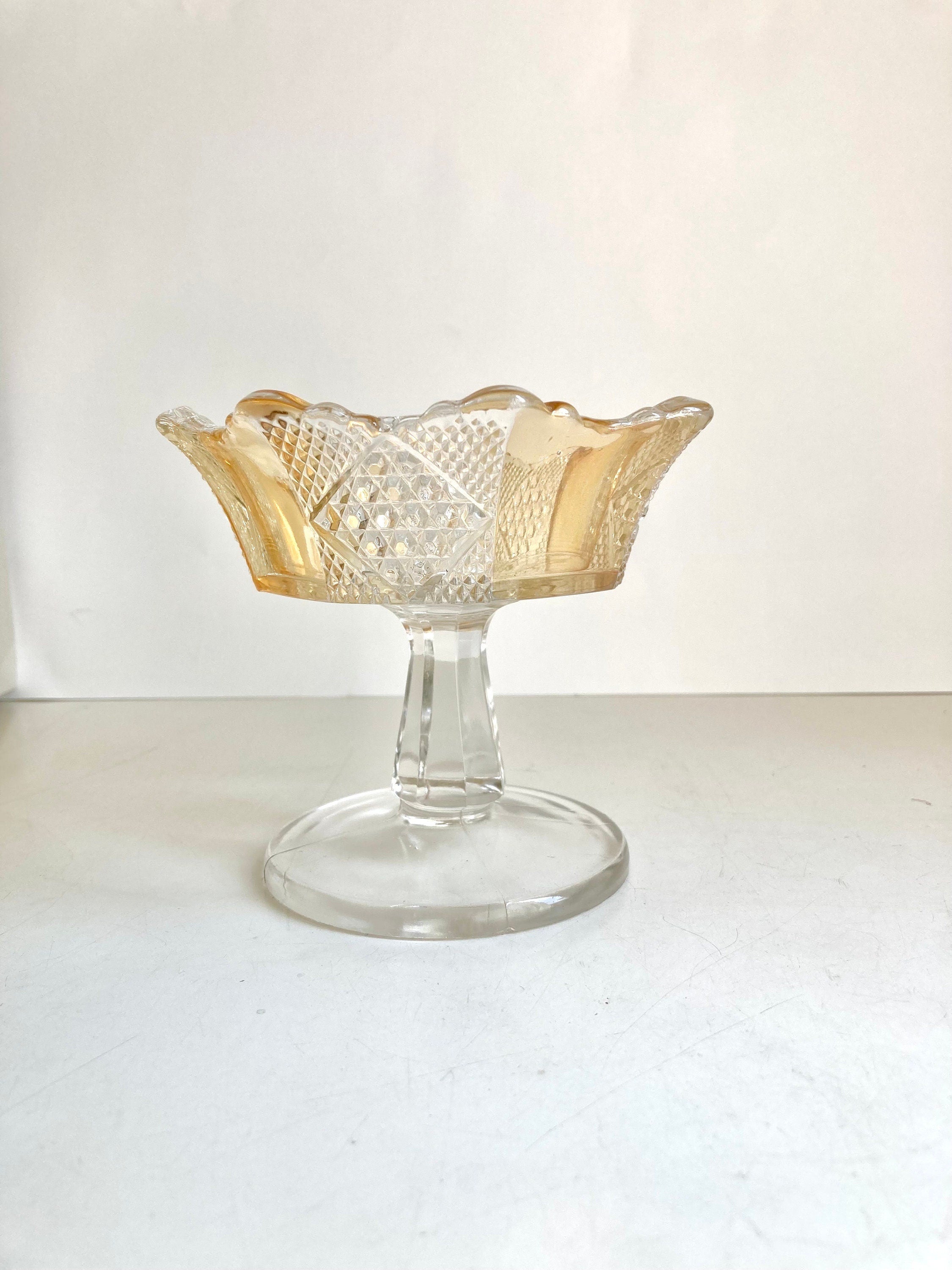 EAPG Amberette 8 Paneled Pedestal Compote Dish - Yellow and Clear, Scalloped Edge - 4.25" tall