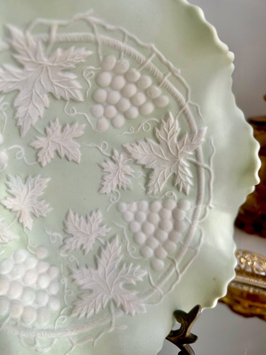Vintage Bisque Ruffled Bowl: Pale Green Grape Vine Pattern