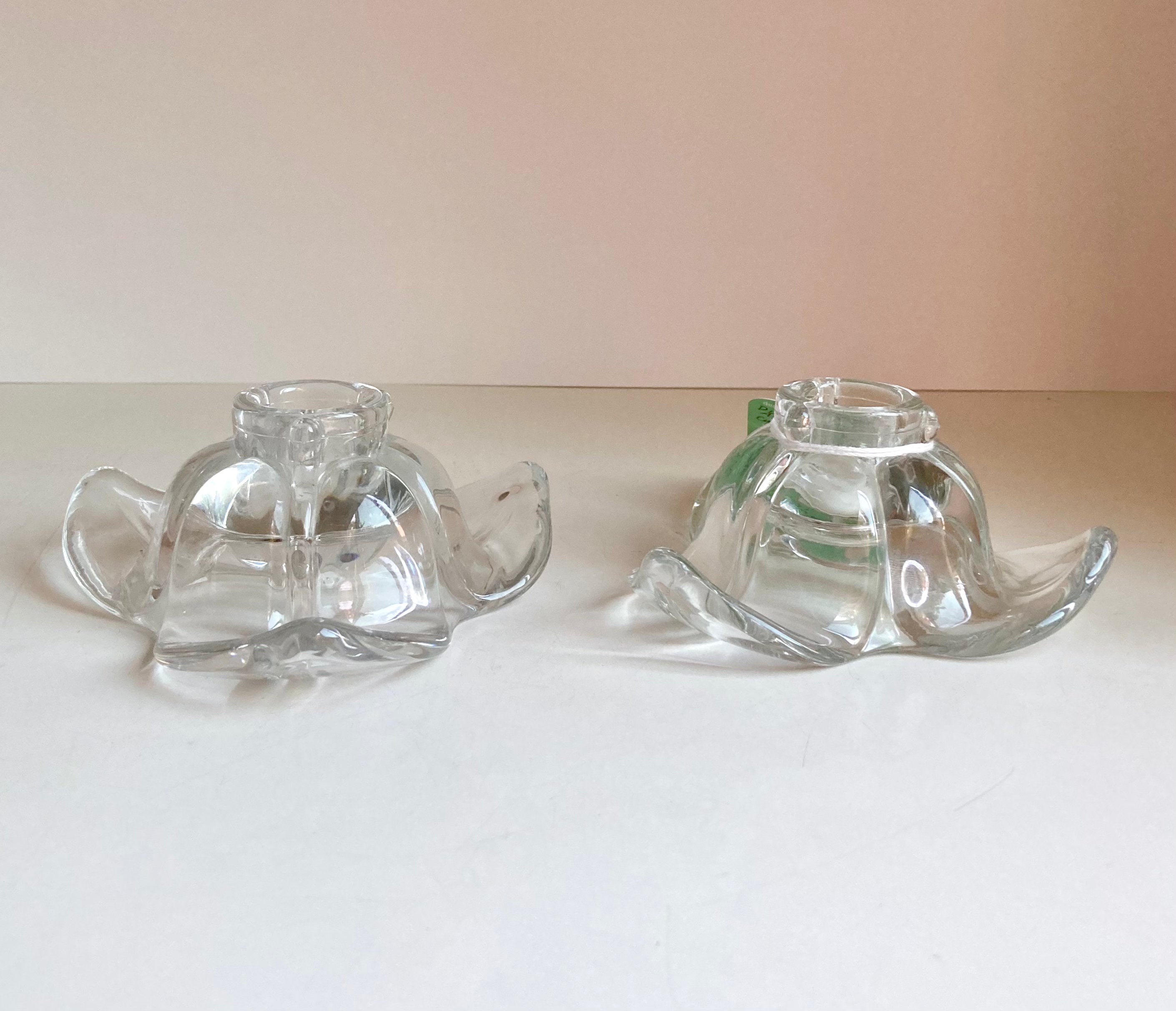 Vintage Duncan Miller American Way Leaf Clear Glass PAIR of Single Candlestick Holders