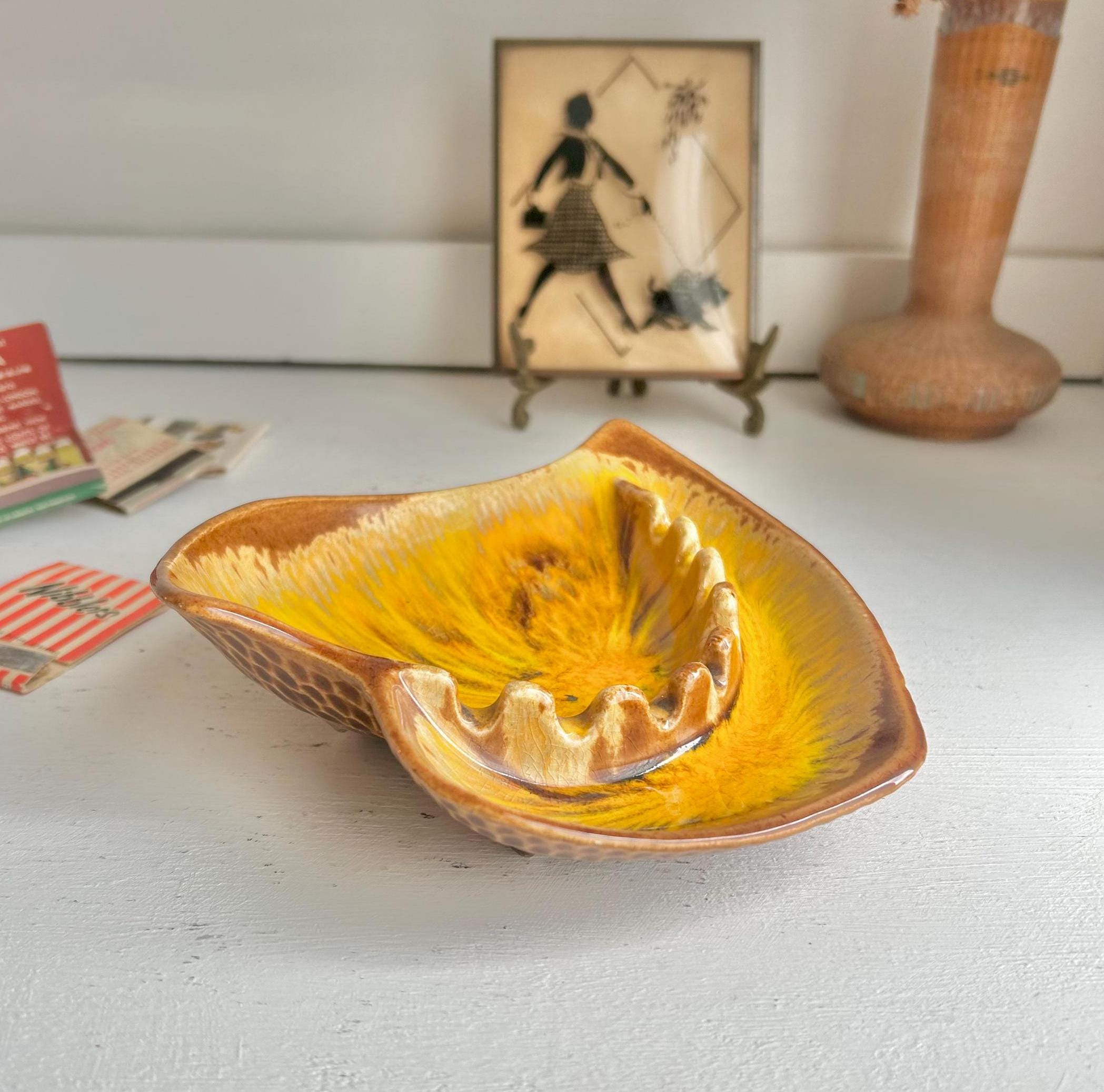 Vintage MCM Leaf Ashtray: Drip Glaze California Pottery