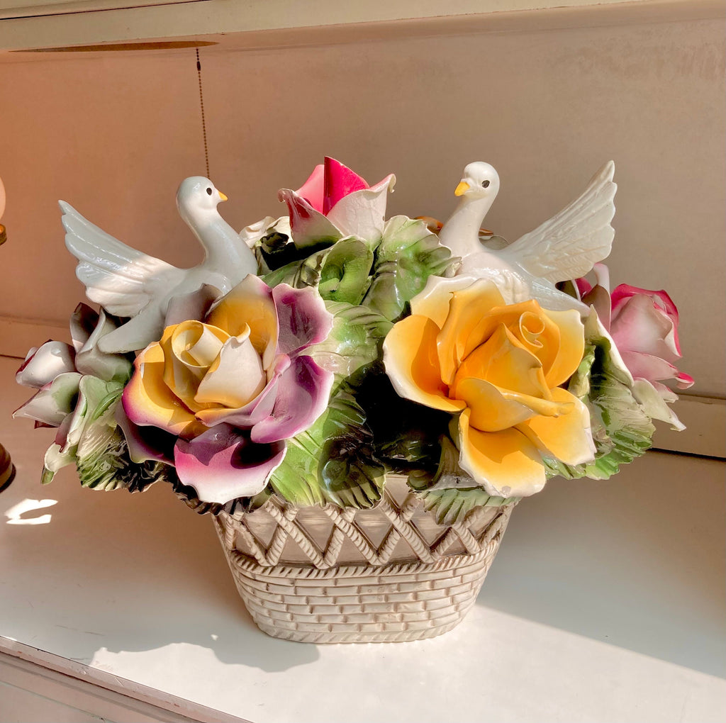 1970s Nuova Capodimonte 17" Grand Centerpiece with Pair of Doves, Basket of Roses