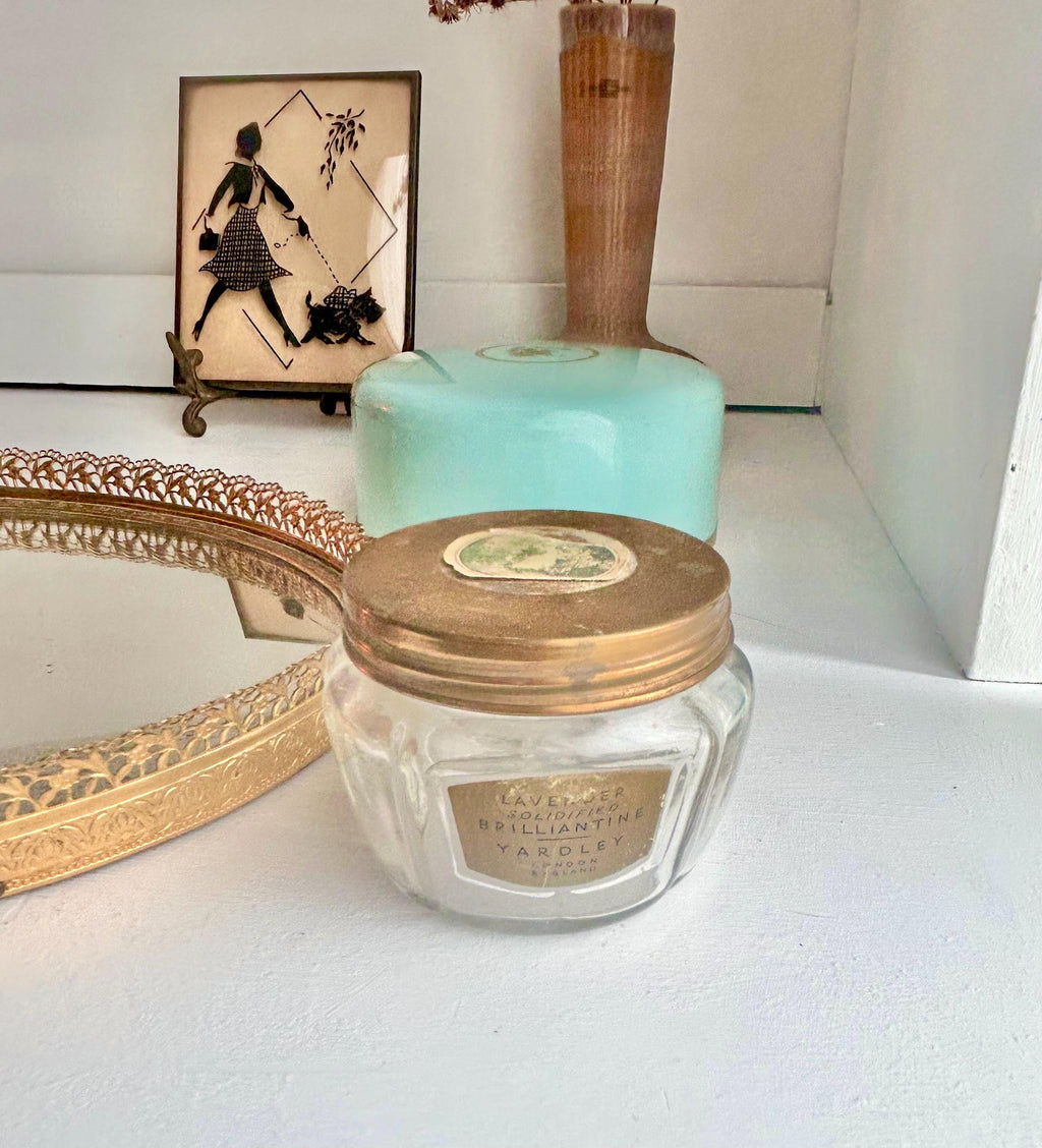 Vintage Yardley Lavender Brilliantine Jar: Clear Glass, Brass Lid