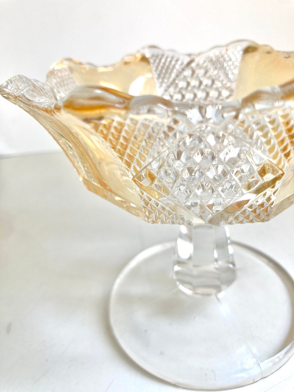 EAPG Amberette 8 Paneled Pedestal Compote Dish - Yellow and Clear, Scalloped Edge - 4.25" tall