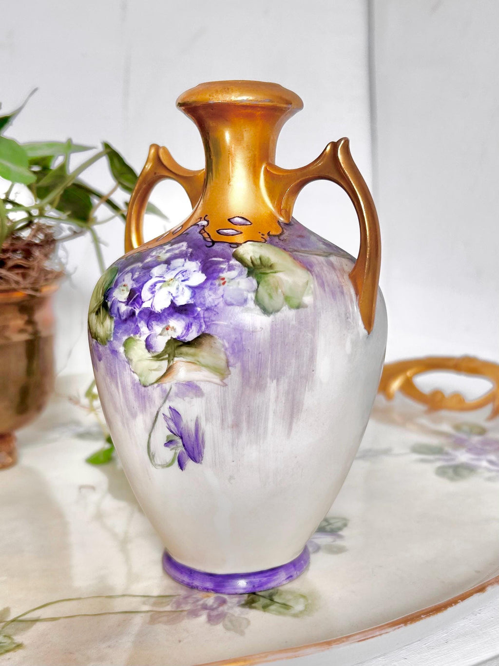 Antique Austrian Porcelain Vase with Handpainted Gold and Violets