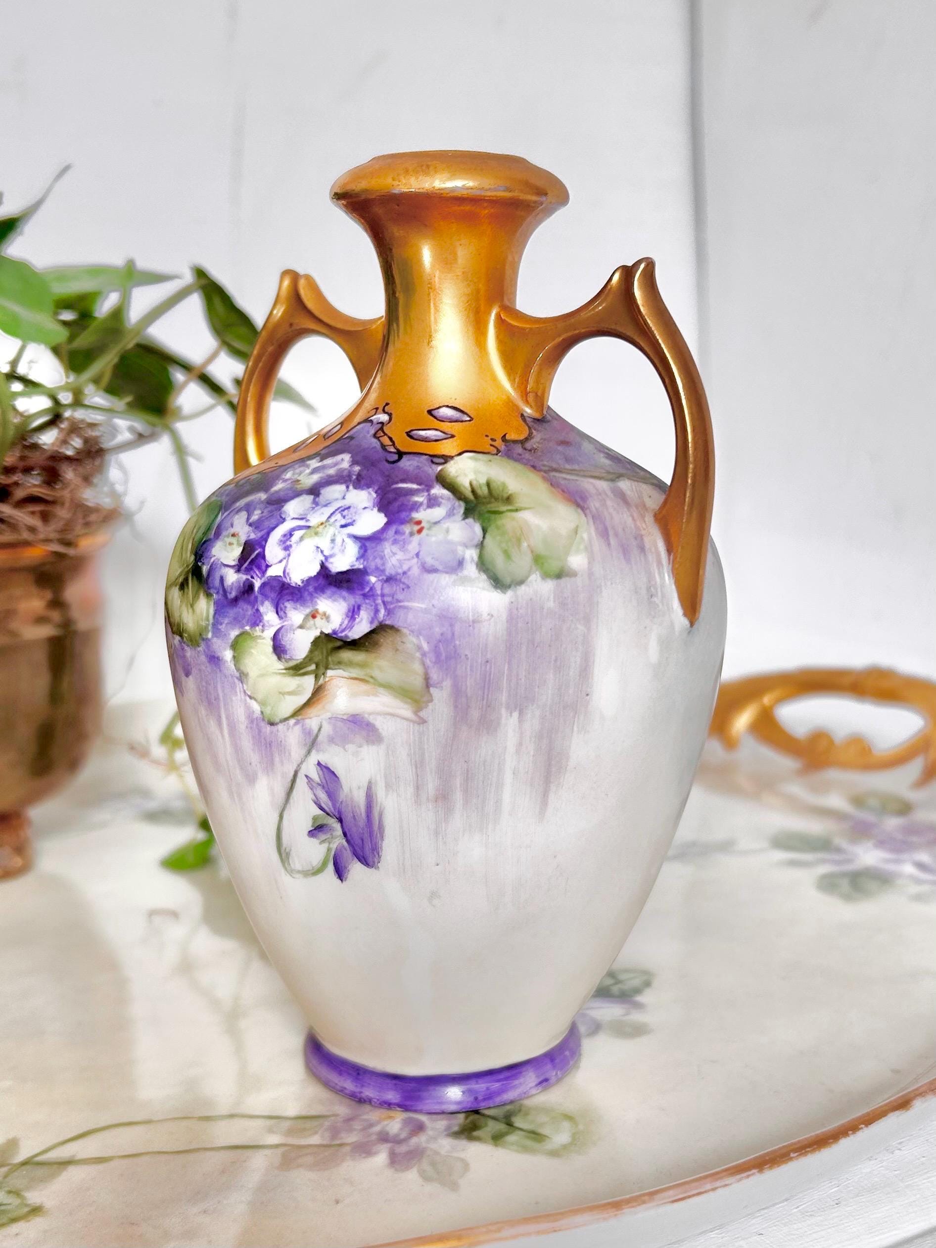 Antique Austrian Porcelain Vase with Handpainted Gold and Violets