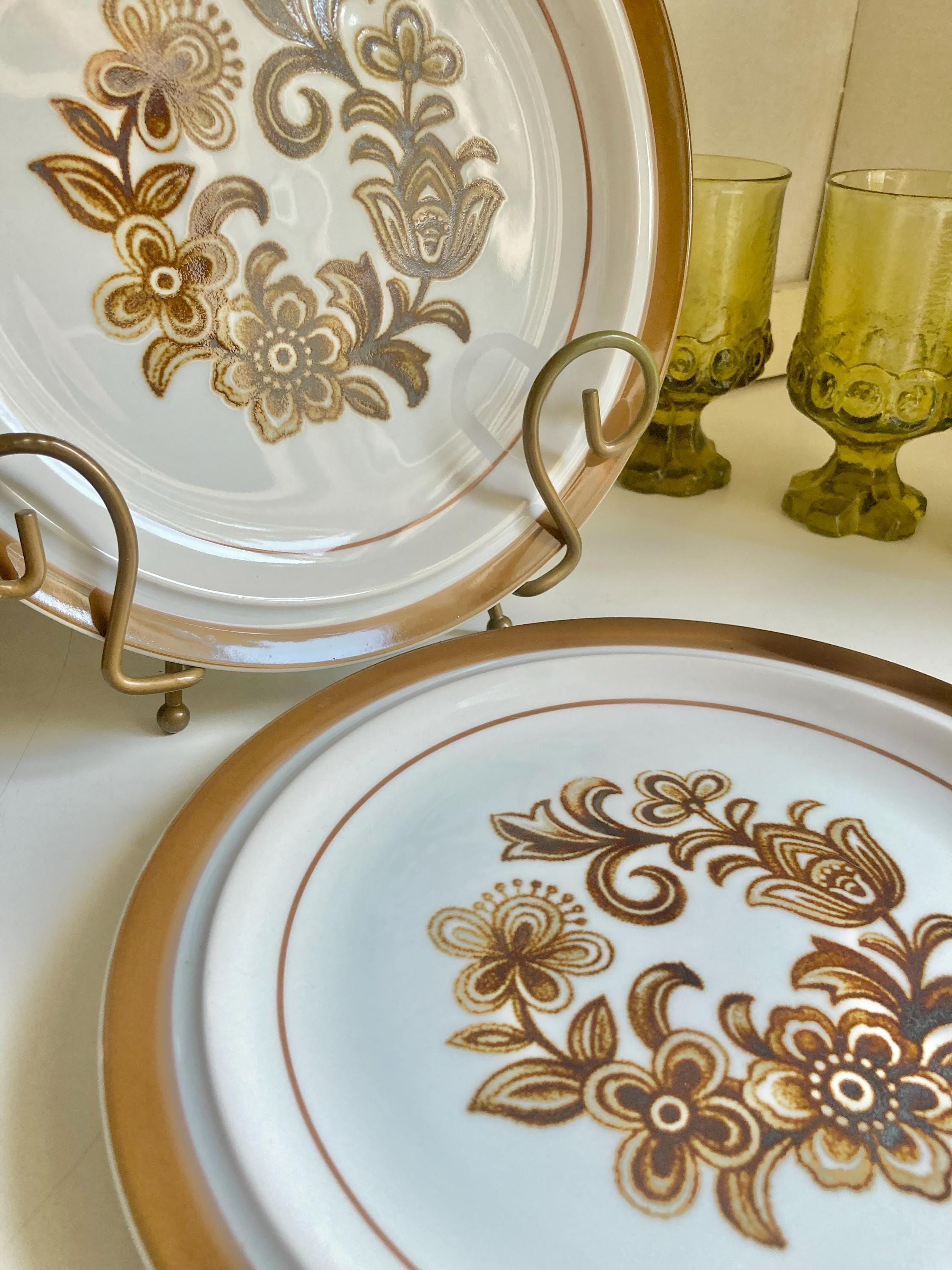 Vintage Monterrey Stoneware Dinner Plates - Brown Floral Set of 2