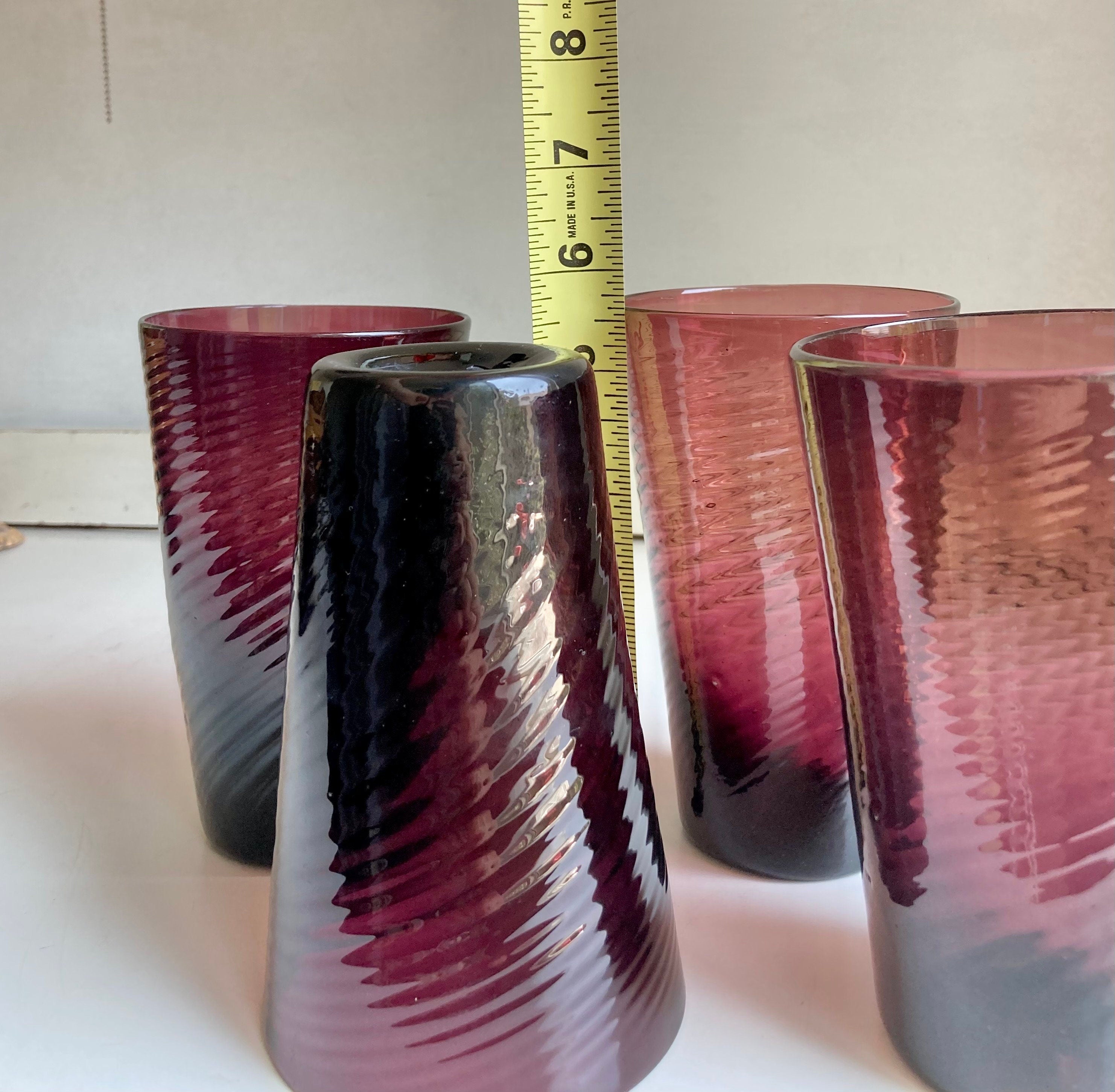 Vintage Hand Blown Amethyst Swirl Glass Tumblers - Set of 4