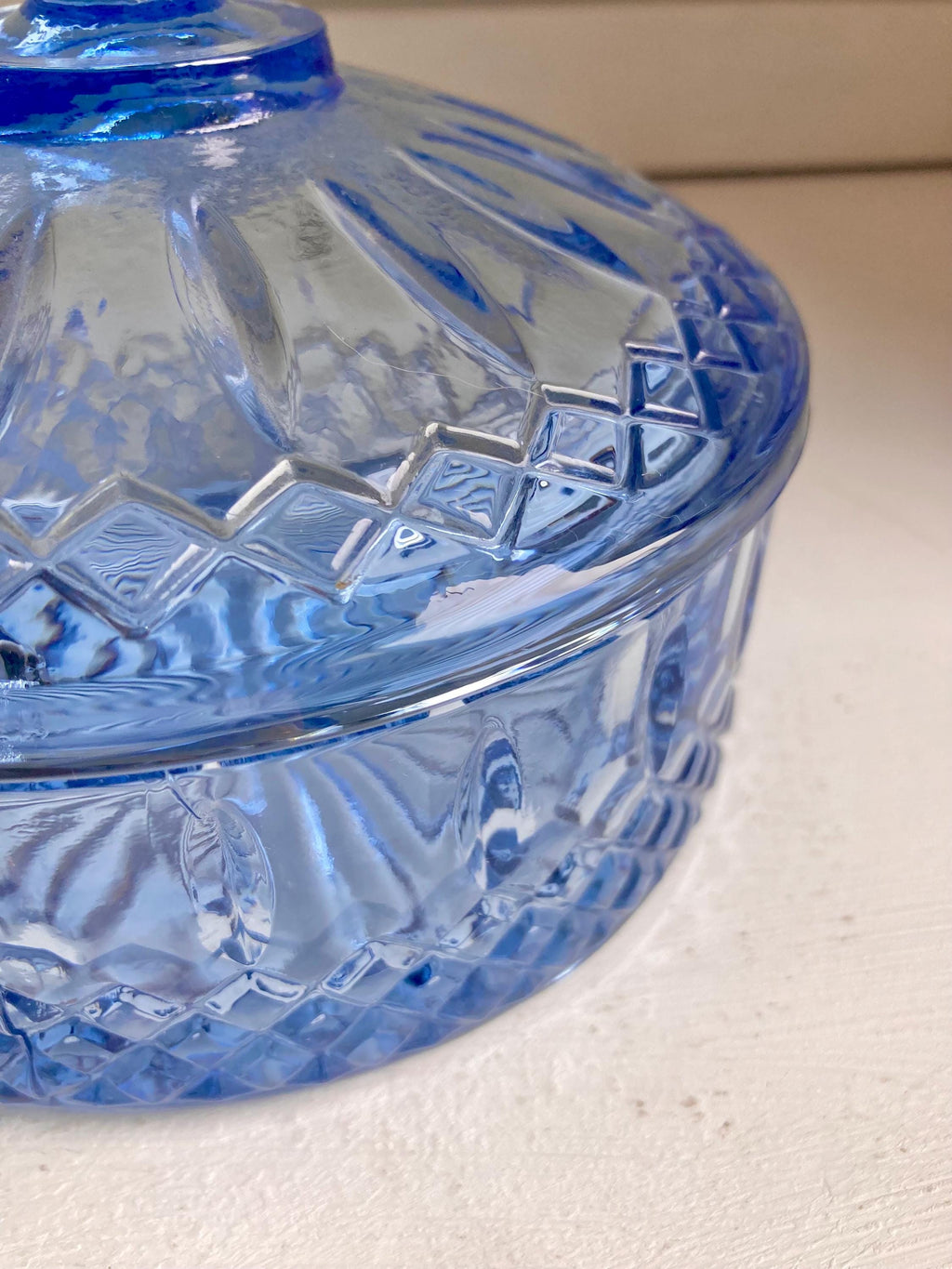 Vintage Indiana Glass Celeste Blue Lidded Candy Dish: Lattice Starburst Pattern