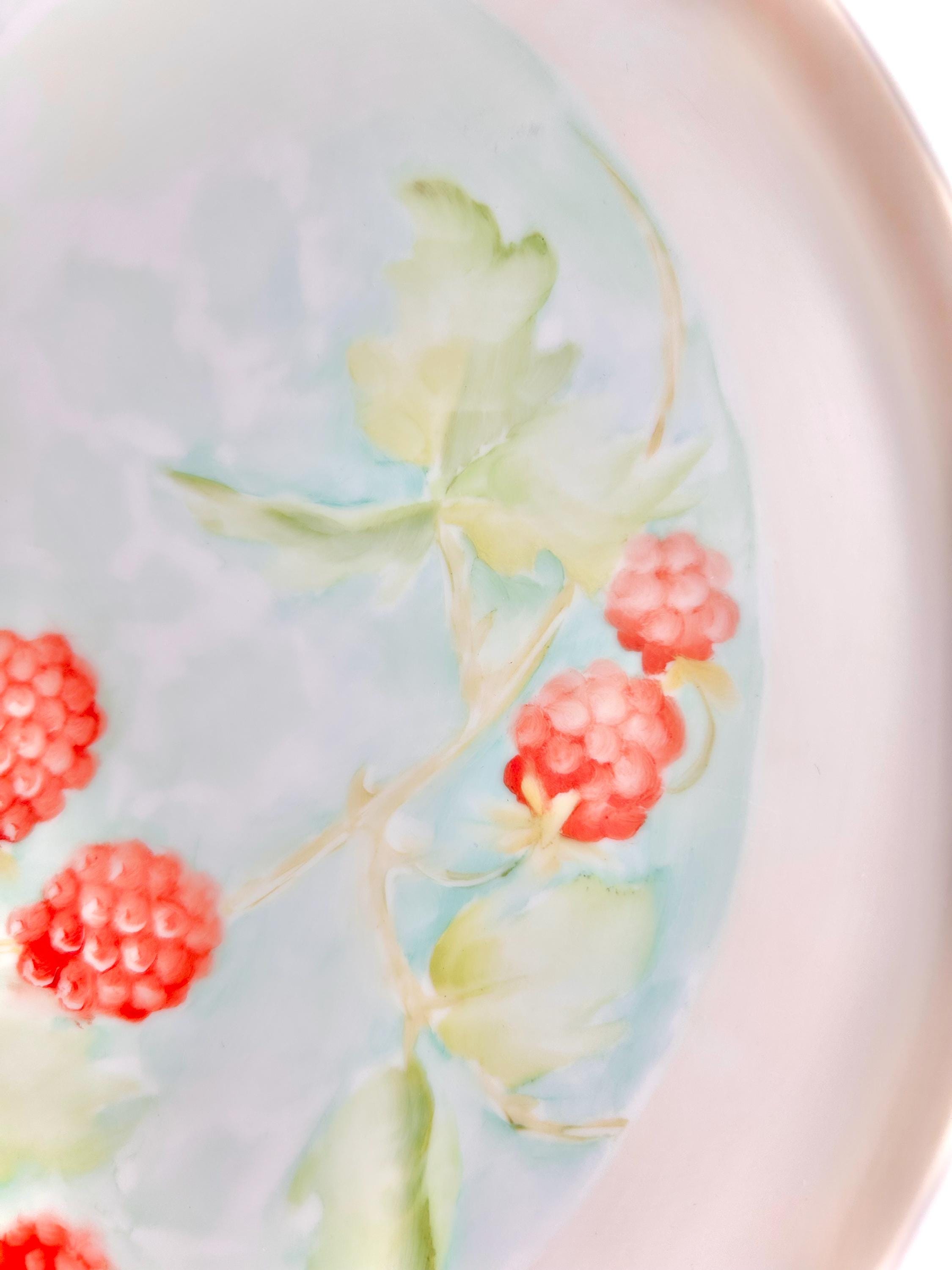 Vintage Hand-Painted Ceramic Cake Plate: Raspberry Branch Design, 11"