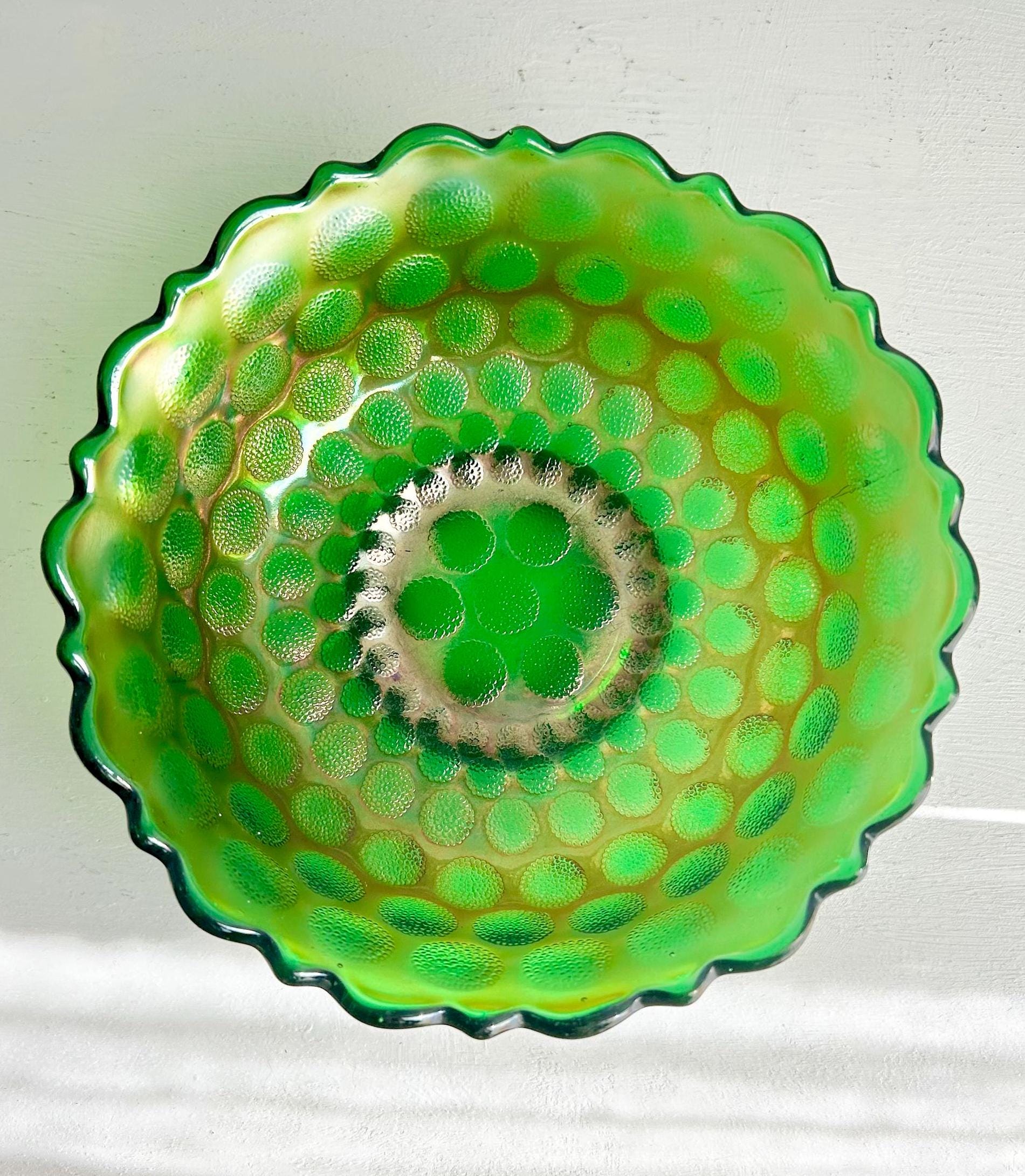Vintage Fenton Emerald Carnival Glass Bowl: Coin Dot Pattern, Sawtooth Rim