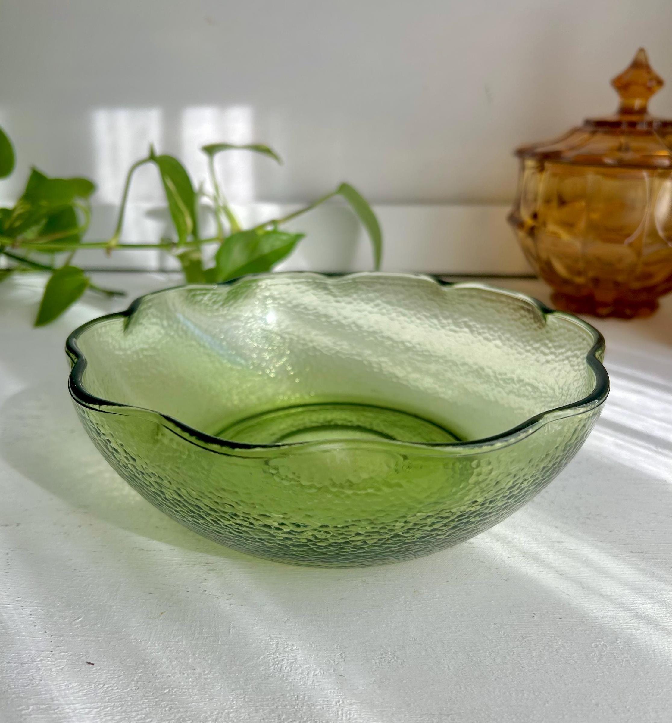 Vintage Hazel Atlas Green Glass Bowl: Pebblestone Ruffle Rim