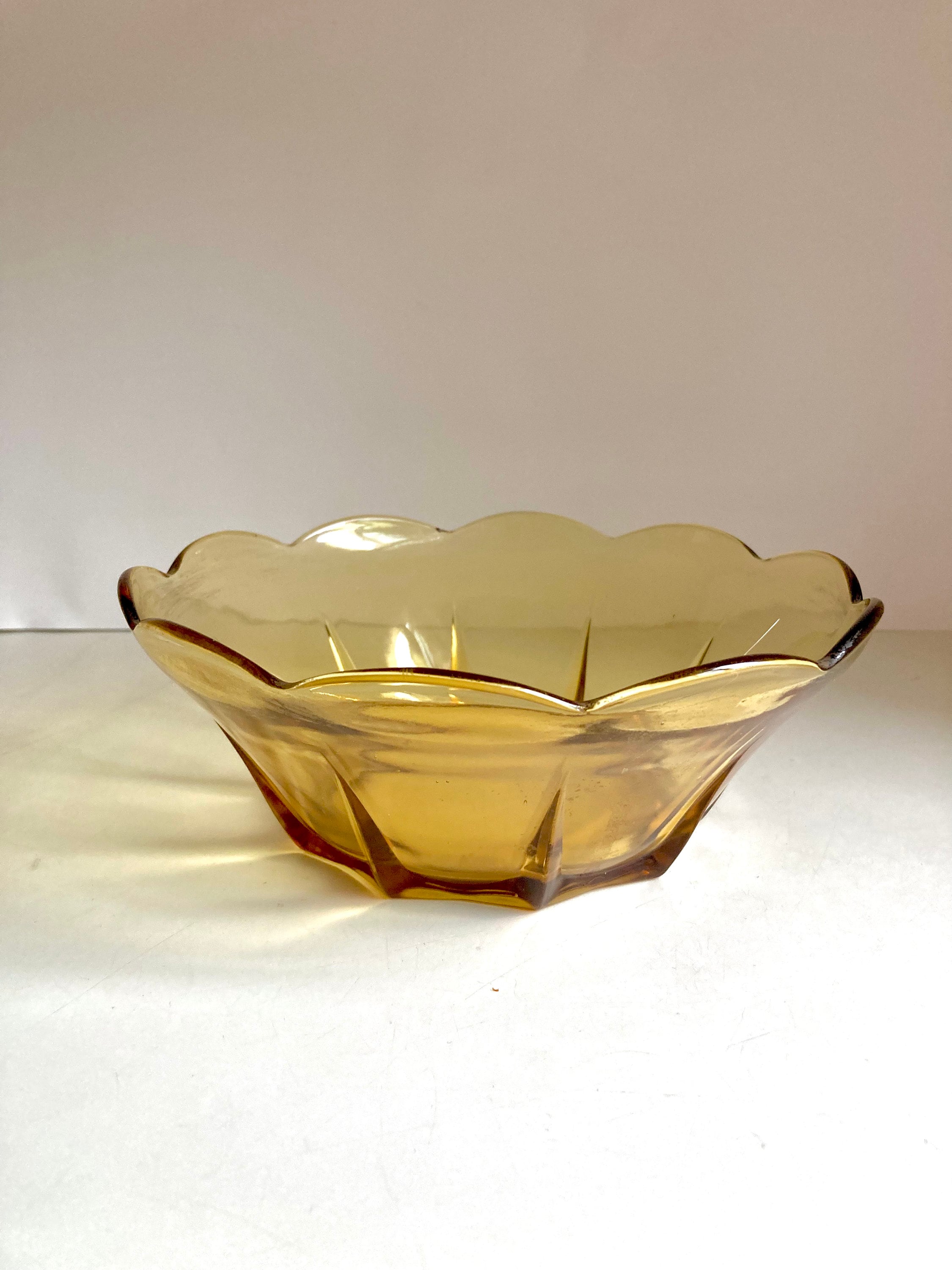 MCM Amber Glass Flower Bowl: Anchor Hocking Scalloped Bowl, 1960s Vintage