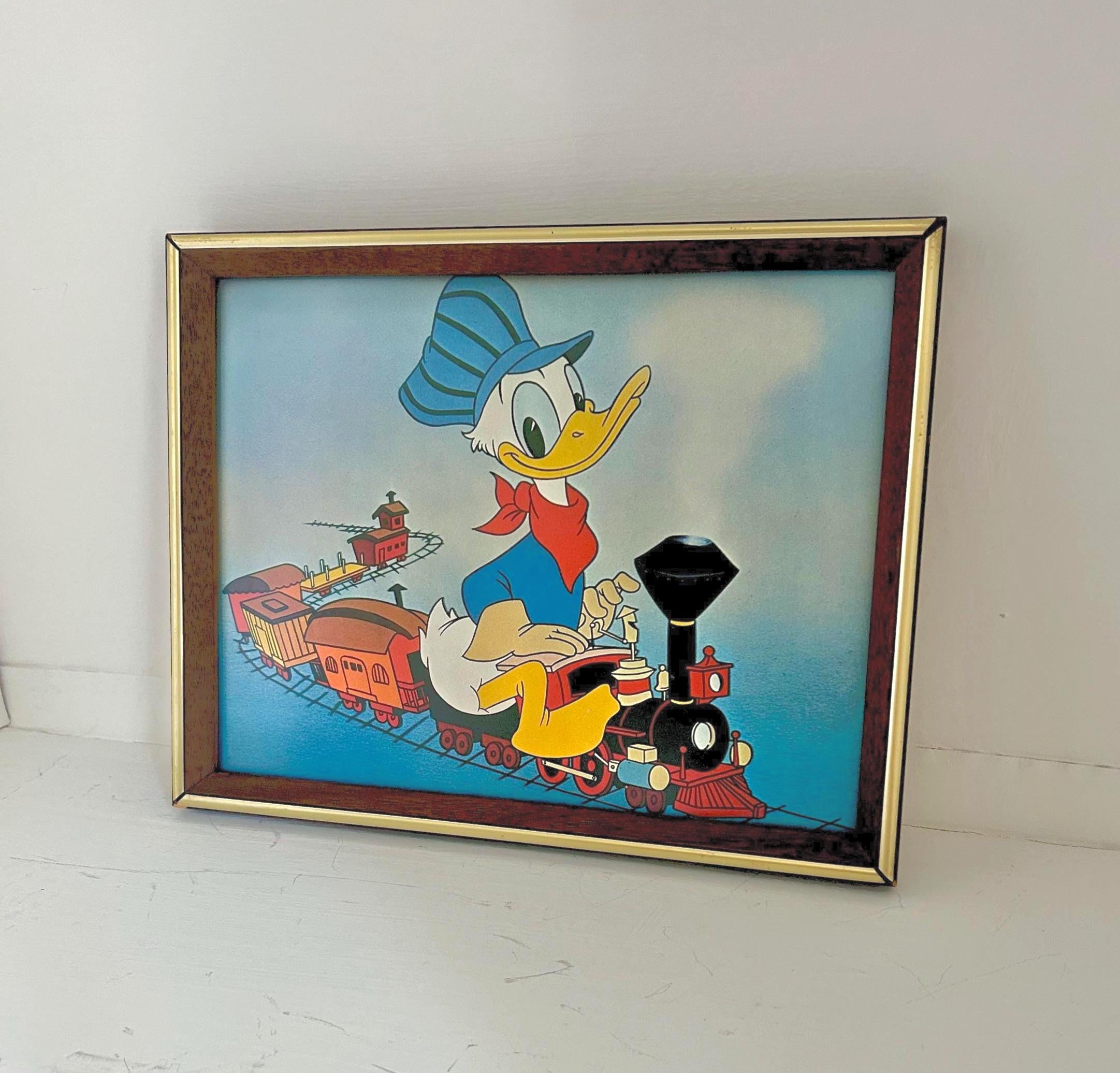 Vintage Donald Duck Print: Toy Train Conductor, Wooden Frame