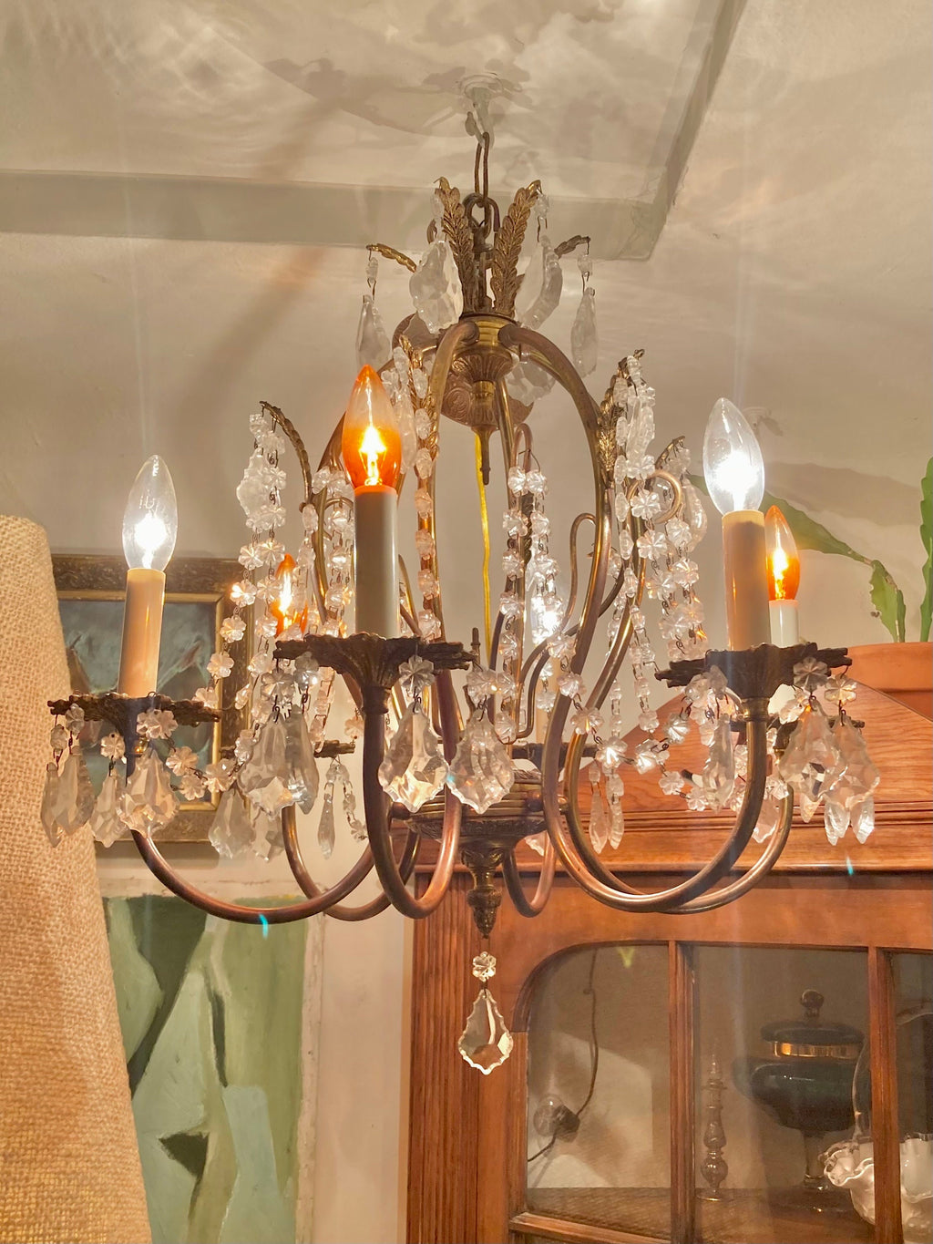 Vintage 1970s Brass and Cut Glass 6-Lamp Opulent Chandelier - Made in Spain