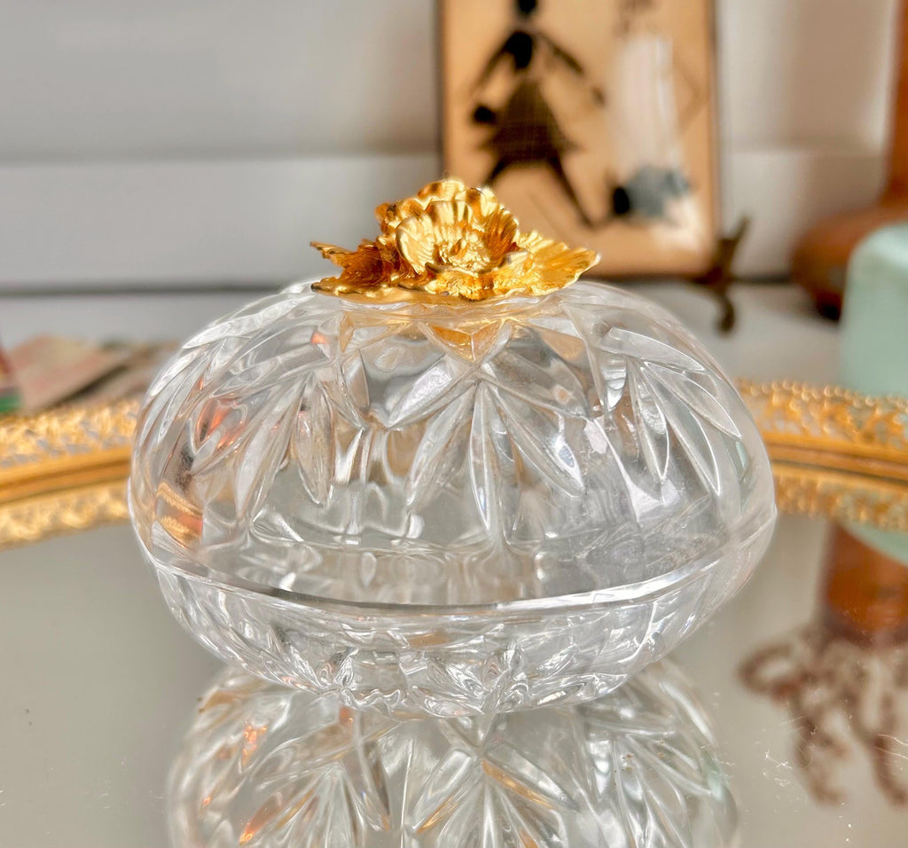 Vintage Italian Cut Crystal Trinket Dish: Gilt Floral Handle