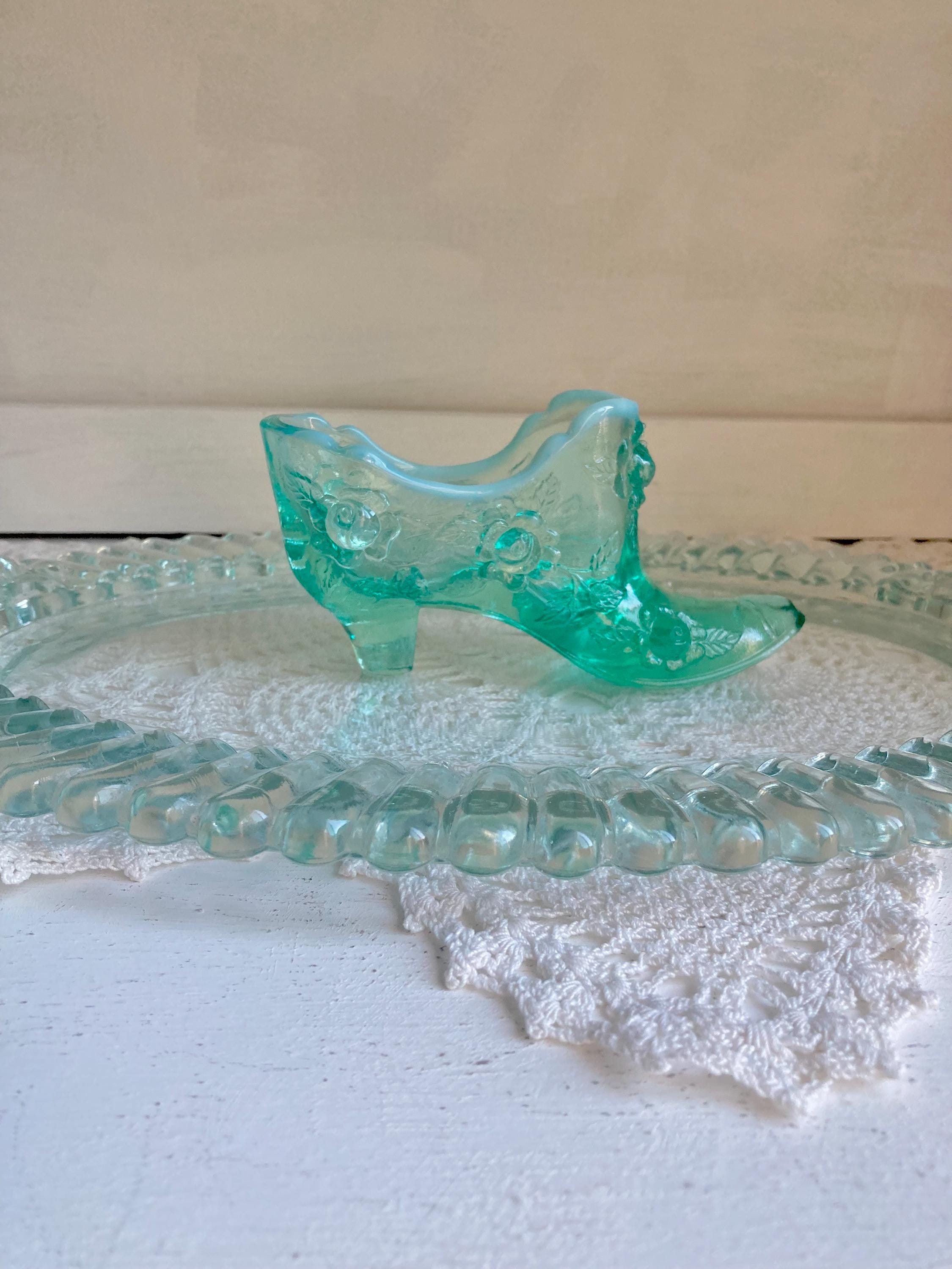 Vintage Aqua Blue Glass Ruffled Tray