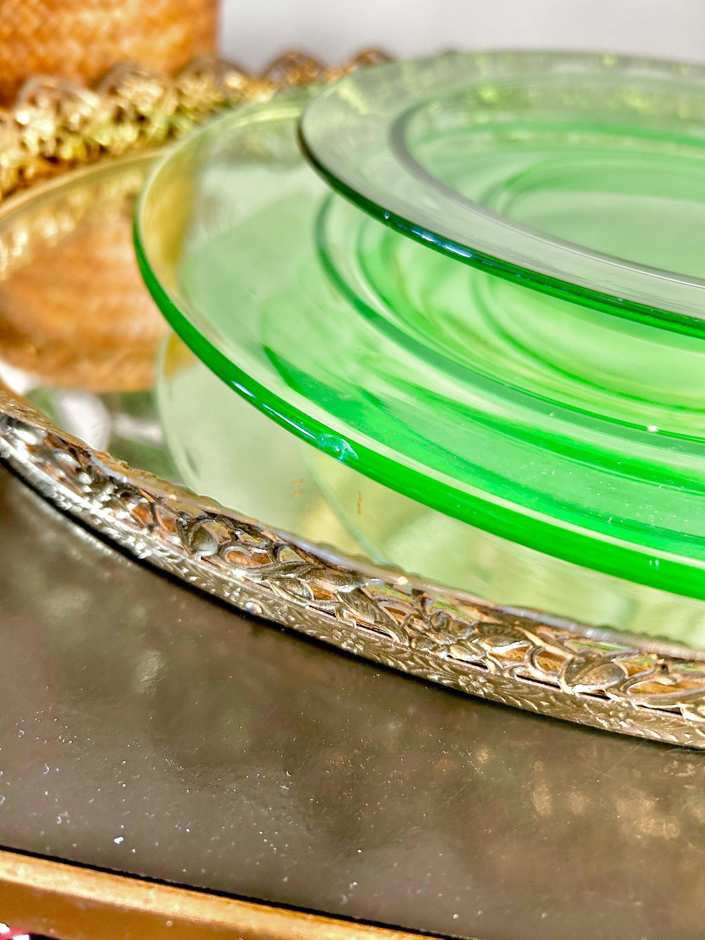 Vintage Uranium Green Heavy Pressed Glass Two-piece Dining Set