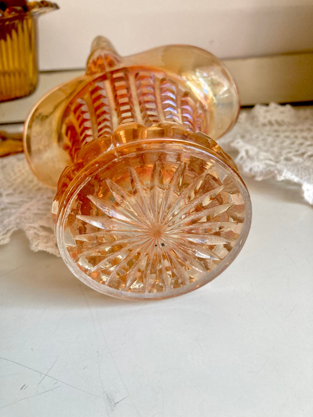 Vintage Imperial Marigold Carnival Glass Basket Vase: Waffle Block Pattern, Braided Handle