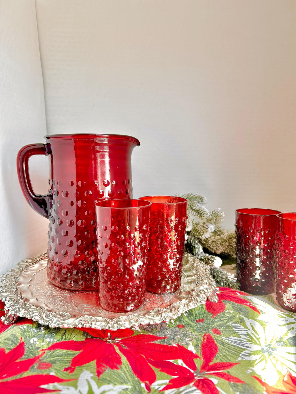 Vintage Anchor Hocking Royal Ruby Red Hobnail Glass Set: Pitcher & 8 Juice Glasses