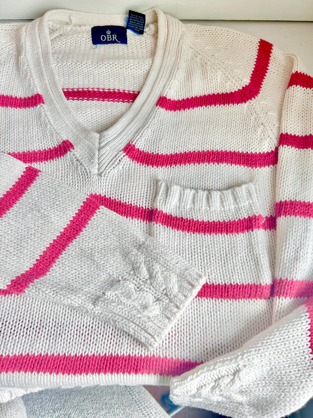 Vintage 80s Striped Cableknit Cropped Sweater - OBR Knits Small