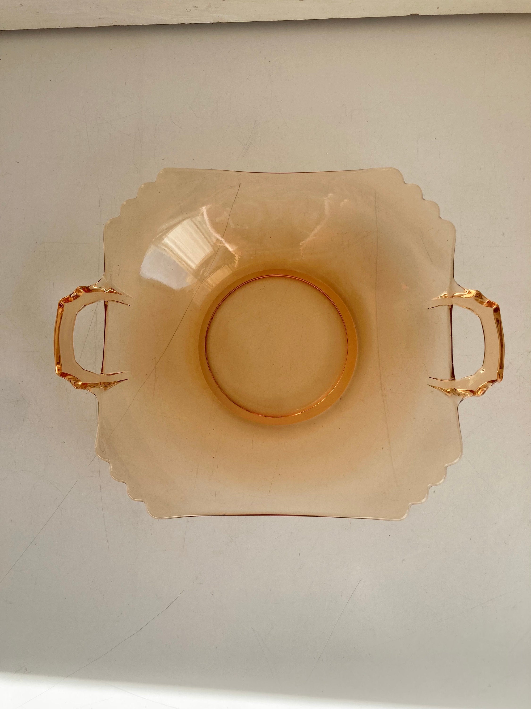 Vintage Fostoria Mayfair Honey Amber Glass Plate Set: Luncheon Plates & Relish Dish