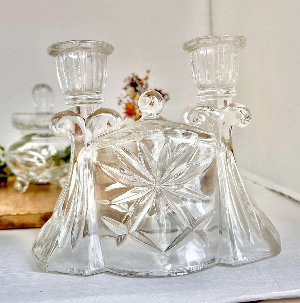 Vintage Anchor Hocking Prescut Double Candlestick Holder - Heavy Pressed Cut Clear Glass Candelabra