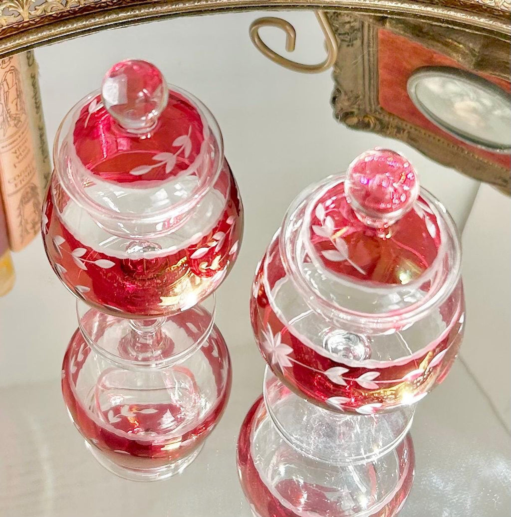 Vintage Cranberry Cut-to-Clear Glass Canister: Bohemian Ruby Red Candy Jar