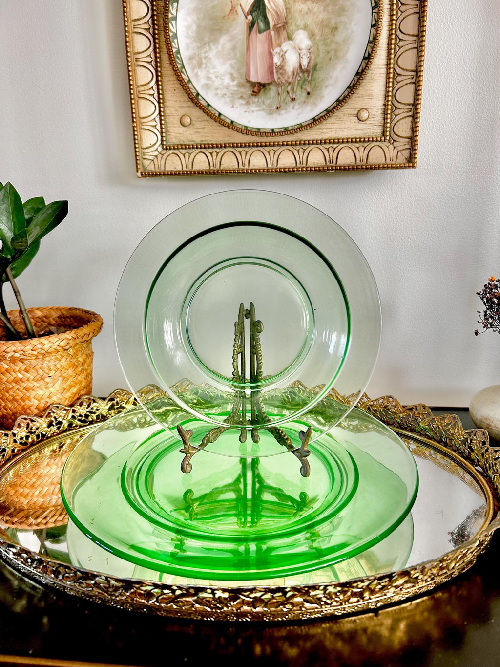Vintage Uranium Green Heavy Pressed Glass Two-piece Dining Set