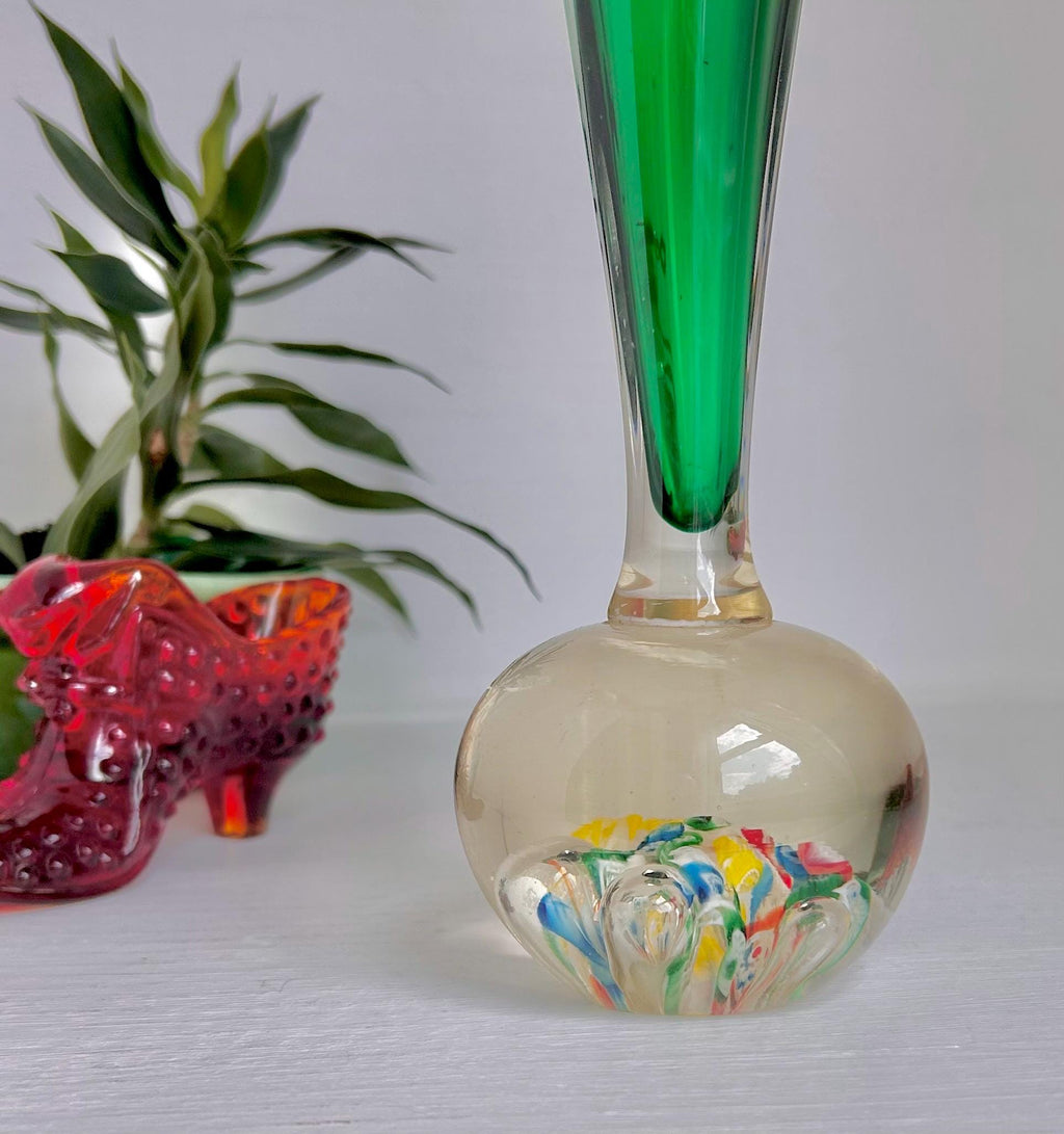 Vintage Kreis Art Glass Vase: Millefiori & Emerald Green Fluted Rim