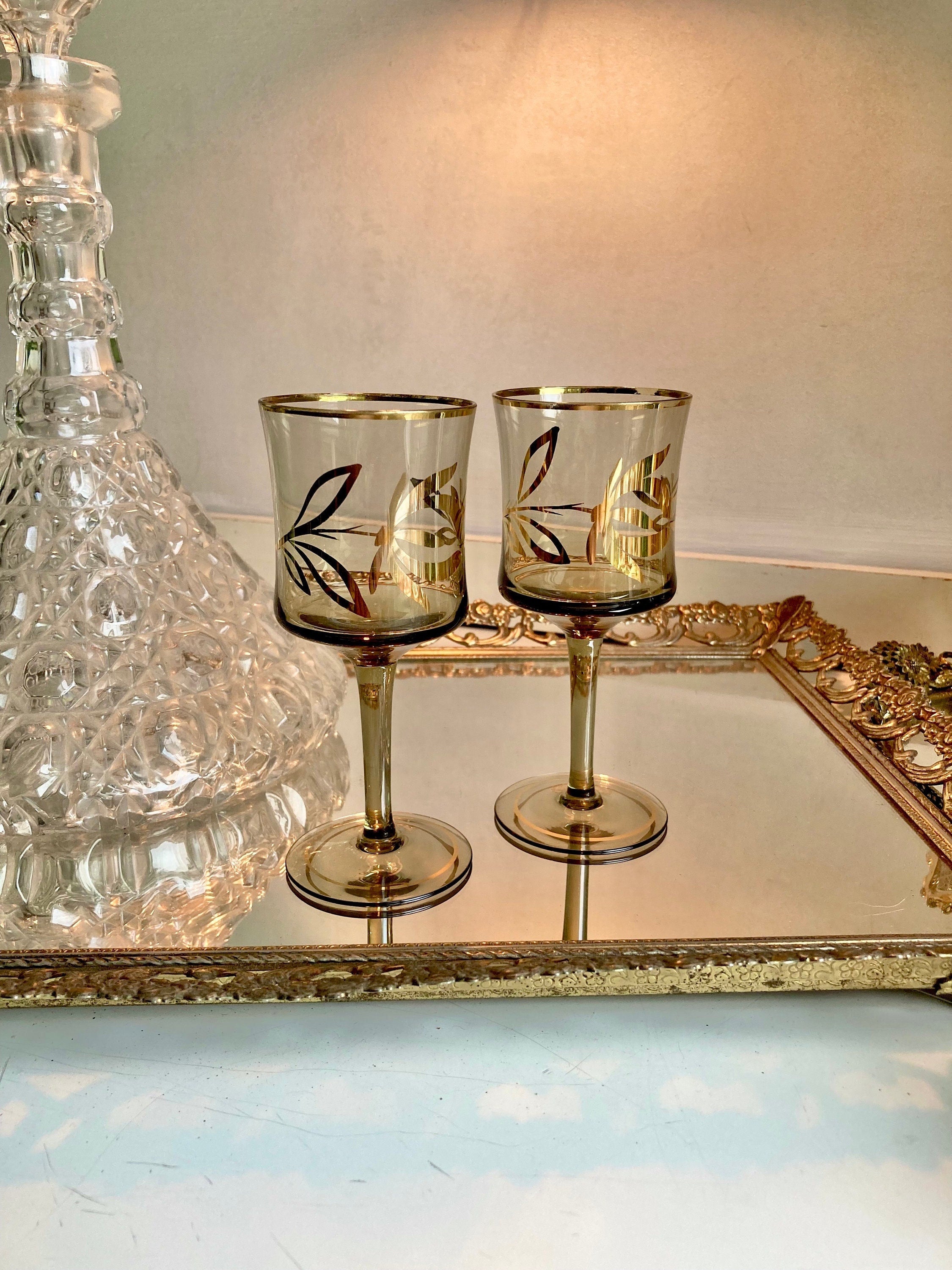 Pair of Bohemian Smoke Glass Cordials with Gilt Floral trim - Vintage Stemware