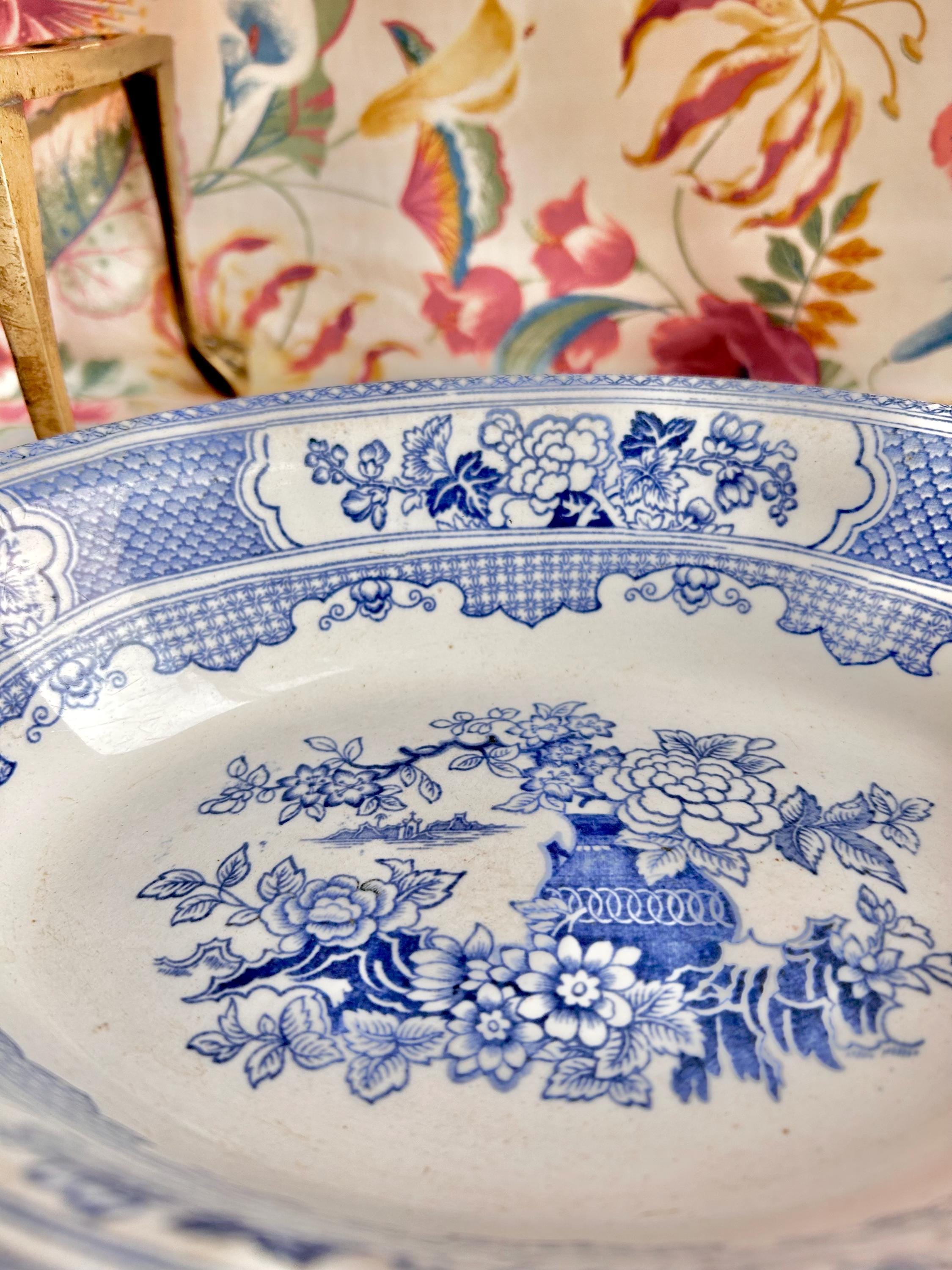 Antique Chinoiserie Serving Bowl: Blue and White Floral Transferware, Soho Pottery