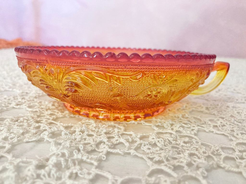 Vintage Amberina Depression Glass Divided Relish Dish with Handle, Rounded Sawtooth Edging