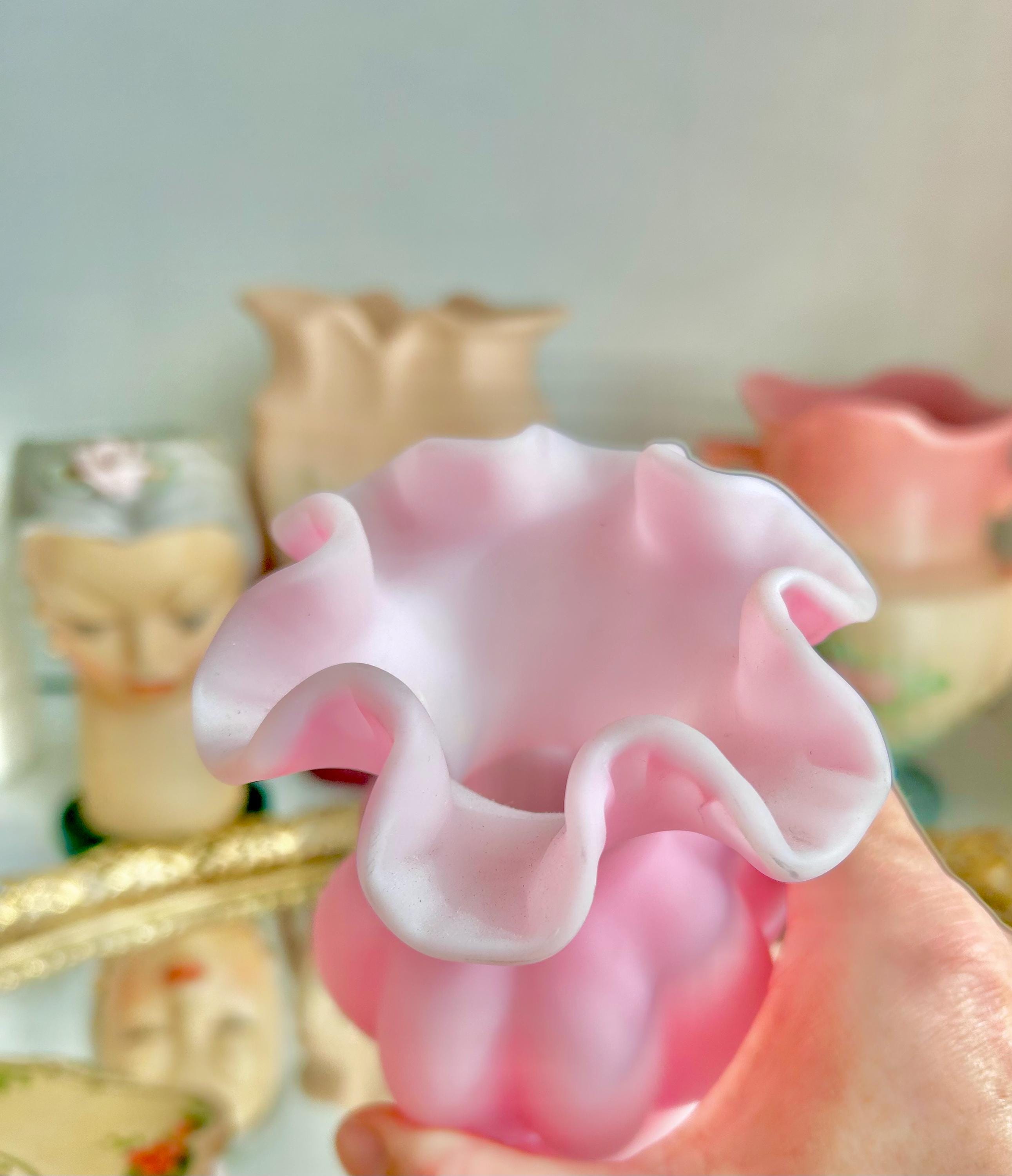 Vintage Fenton Pink Melon Vase: Satin Glass Ruffled Rim