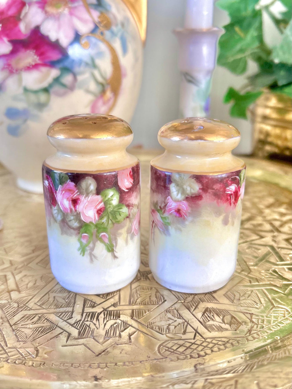 Antique Porcelain Hand-Painted Floral Salt Pepper Shakers - Choose from various pairs