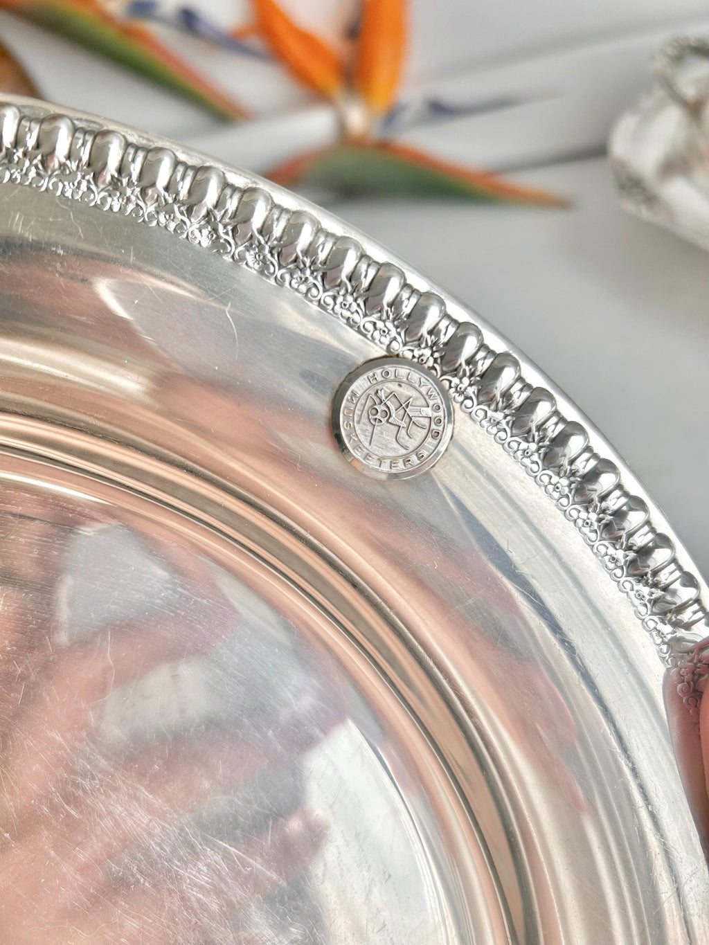 Vintage Wilcox Silver-Plated Platter: Brandon Hall Gadroon Rim, Hollywood Musketeers